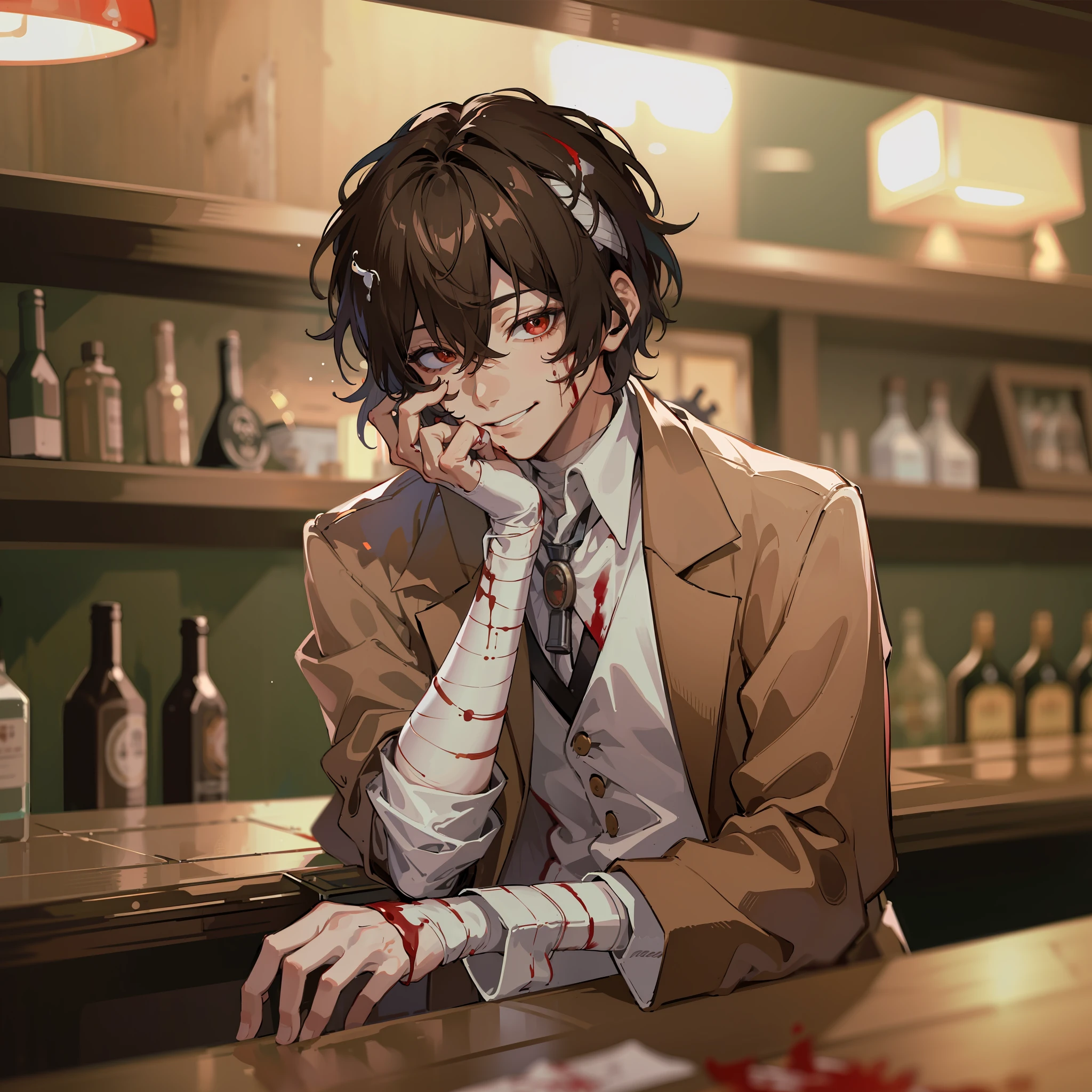 (masterpiece, best quality:1.2), cowboy shot, solo, male focus, 1boy, dazai osamu, brown jacket, white pants, bandages, (blood:1.1), sitting in a bar, dark, sitting, smirk, glowing eyes, gun on table, blood splash on  face, mafia, holding gun to his own head, toungle out, (pistol:1.1)