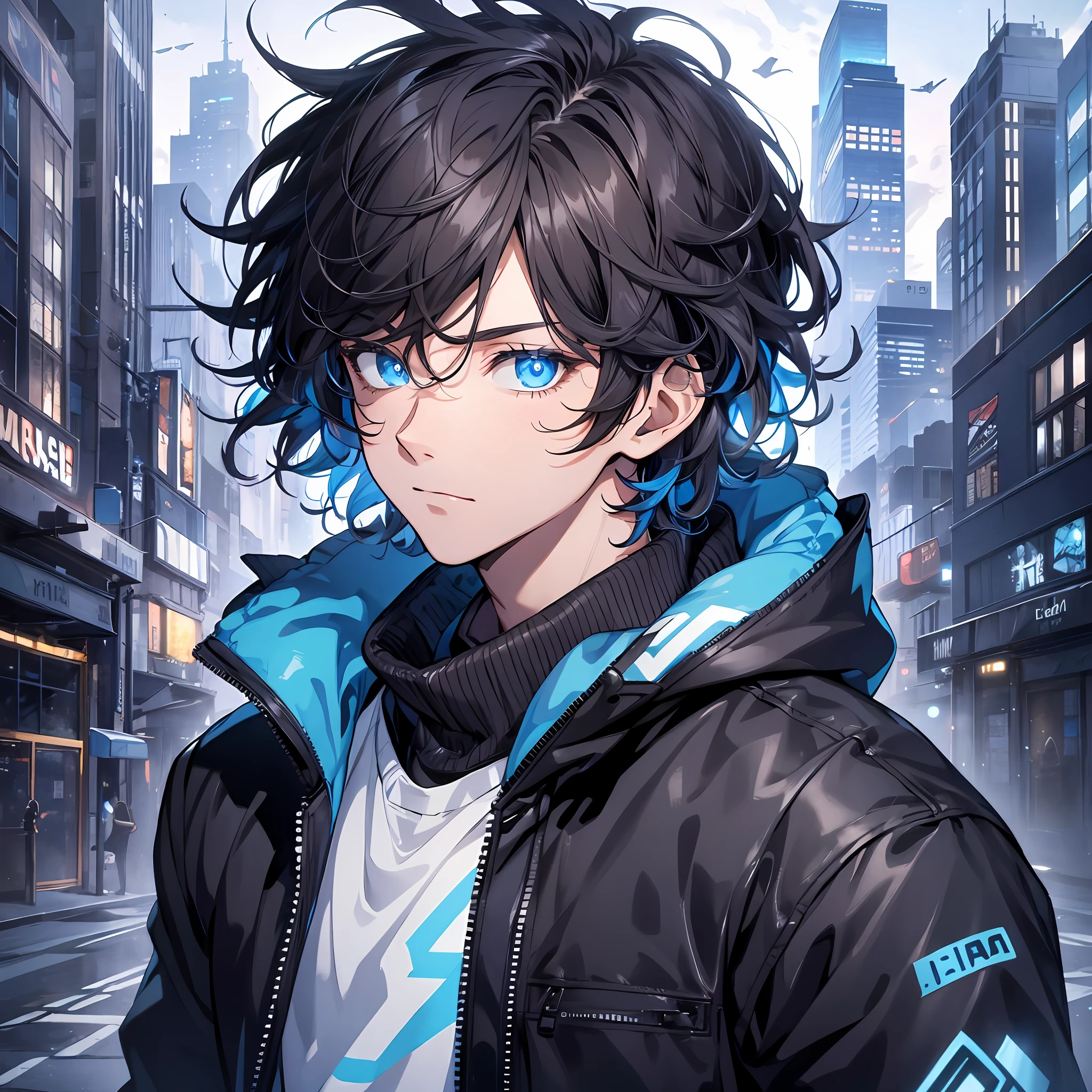 1boy,wearing a black jacket with blue energy running throughout the jacket,brown hair,close up shot, wearing a white mask with blue marking ,blue outlines on the jacket,city,deep blue eyes, wavy messy unkept hair, ultra detailed eyes, glowing eyes, highest quality digital art, Stunning art, wallpaper 4k, highly detailed,BREAK