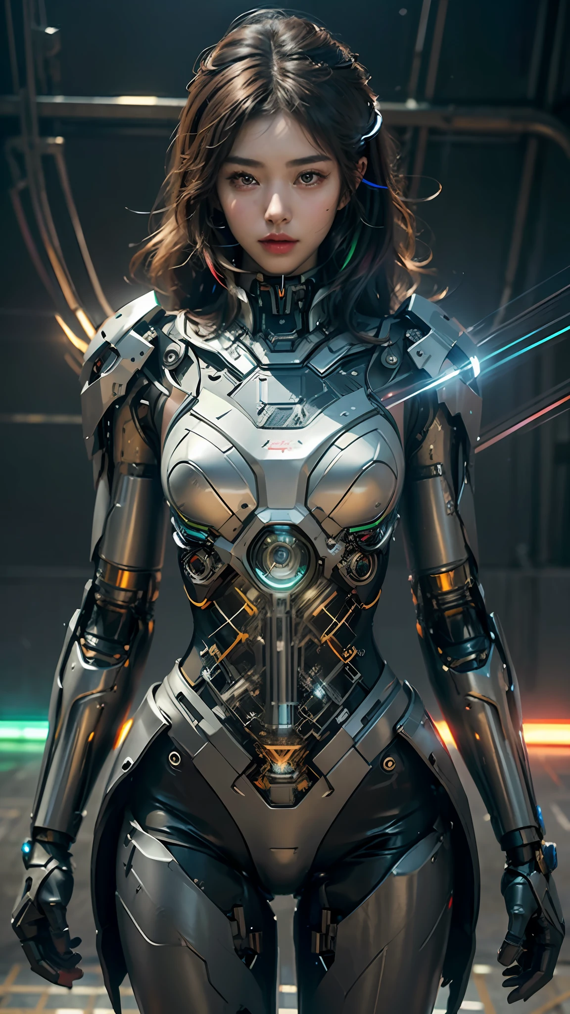 ((Masterpiece, Best Quality)), illustration, ultra-detailed 8K, realistic, clear focus, highly detailed, professional lighting, colorful details, rainbow-colored color break, super long shot of the factory, large mechanical robot structure, microchip, computer, luminescence, intricate details, shitu-mecha, 1girl, wearing mecha, sports pose