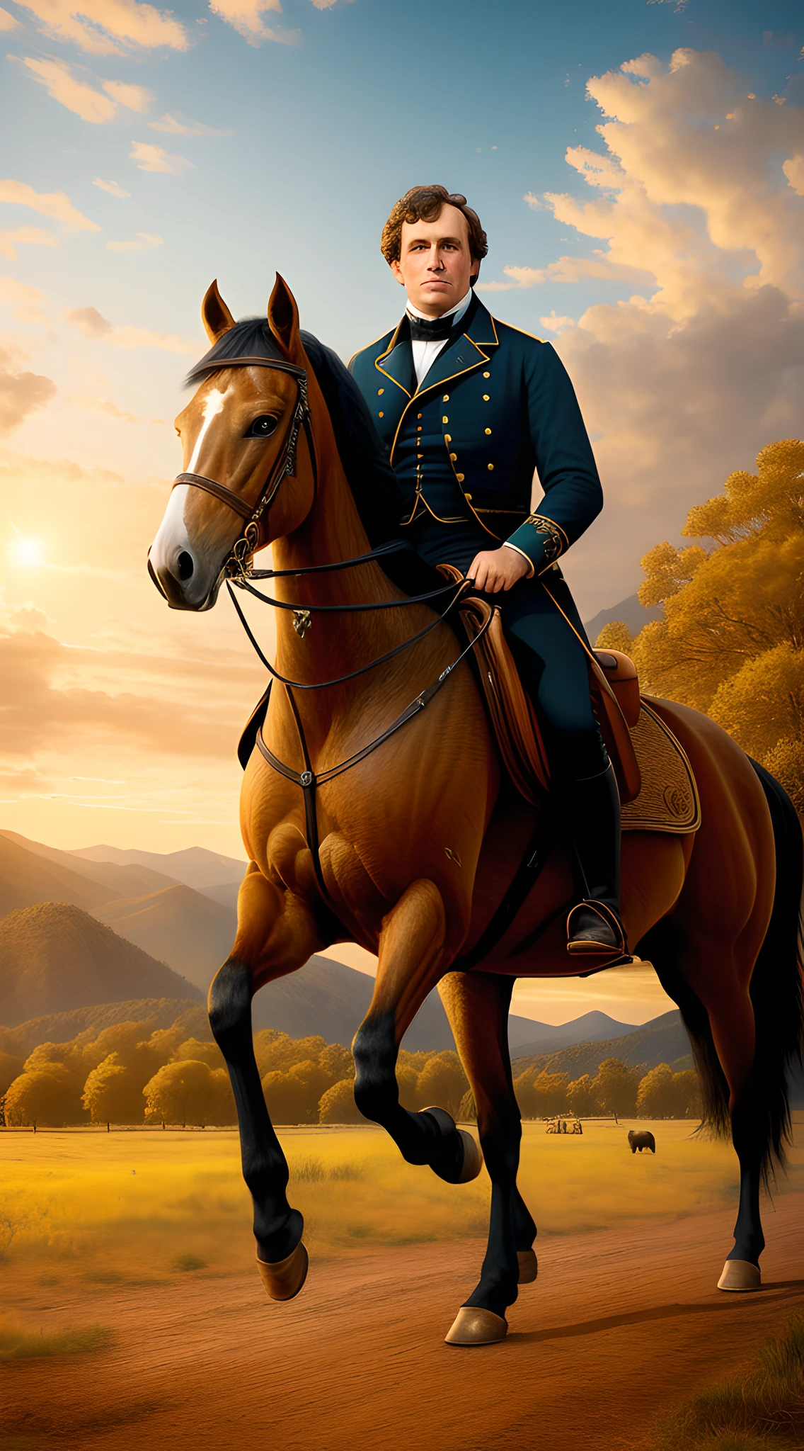 (masterpiece), best quality, ultra-detailed CG unity artwork, stunning outdoor scene, (realistic style:1.2), President Franklin Pierce (confidently riding his horse:1.1) dressed in 19th-century attire, (dynamic pose:1.1), vast landscape, clear sky, (golden hour:1.2), (vibrant colours:1.1)