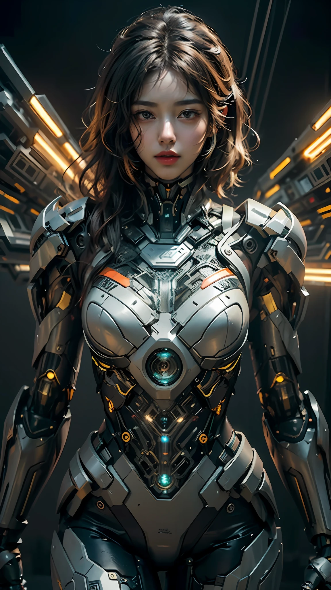 ((Masterpiece, Best Quality)), illustration, ultra-detailed 8K, realistic, clear focus, highly detailed, professional lighting, colorful details, rainbow-colored color BREAK, super long shot of the factory, large mechanical robot structure, microchip, computer, luminescence, intricate details, shitu-mecha, 1girl, wearing mecha, giant mecha standing behind it