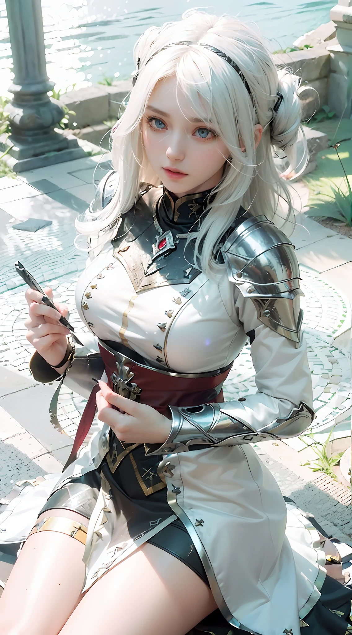 ((Best Quality)), ((Masterpiece)), (Details: 1.4), 3D, A Beautiful Female Knight, (Long White Hair: 1.9), (Red Eyes: 1.7), (Armor: 1.5), Sabre, Temple Background, Gothic Chapel, HDR (High Dynamic Range), Ray Tracing, NVIDIA RTX, Super-Resolution, Unreal 5, Subsurface Scattering, PBR Texture, Post Processing, Anisotropic Filtering, Depth of Field, Maximum sharpness and sharpness, multi-layer textures, albedo and highlight maps, surface shading, accurate simulation of light-material interactions, perfect proportions, Octane Render, two-color light, large aperture, low ISO, white balance, rule of thirds, 8K RAW,