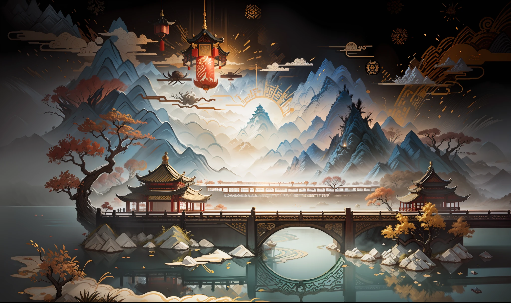 An ancient Chinese painting, ancient Chinese background, mountains, rivers, auspicious clouds, pavilions, sunshine, masterpieces, super detail, epic composition, ultra HD, high quality, extremely detailed, official art, unified 8k wallpaper, Super detail, 32k -- v 6