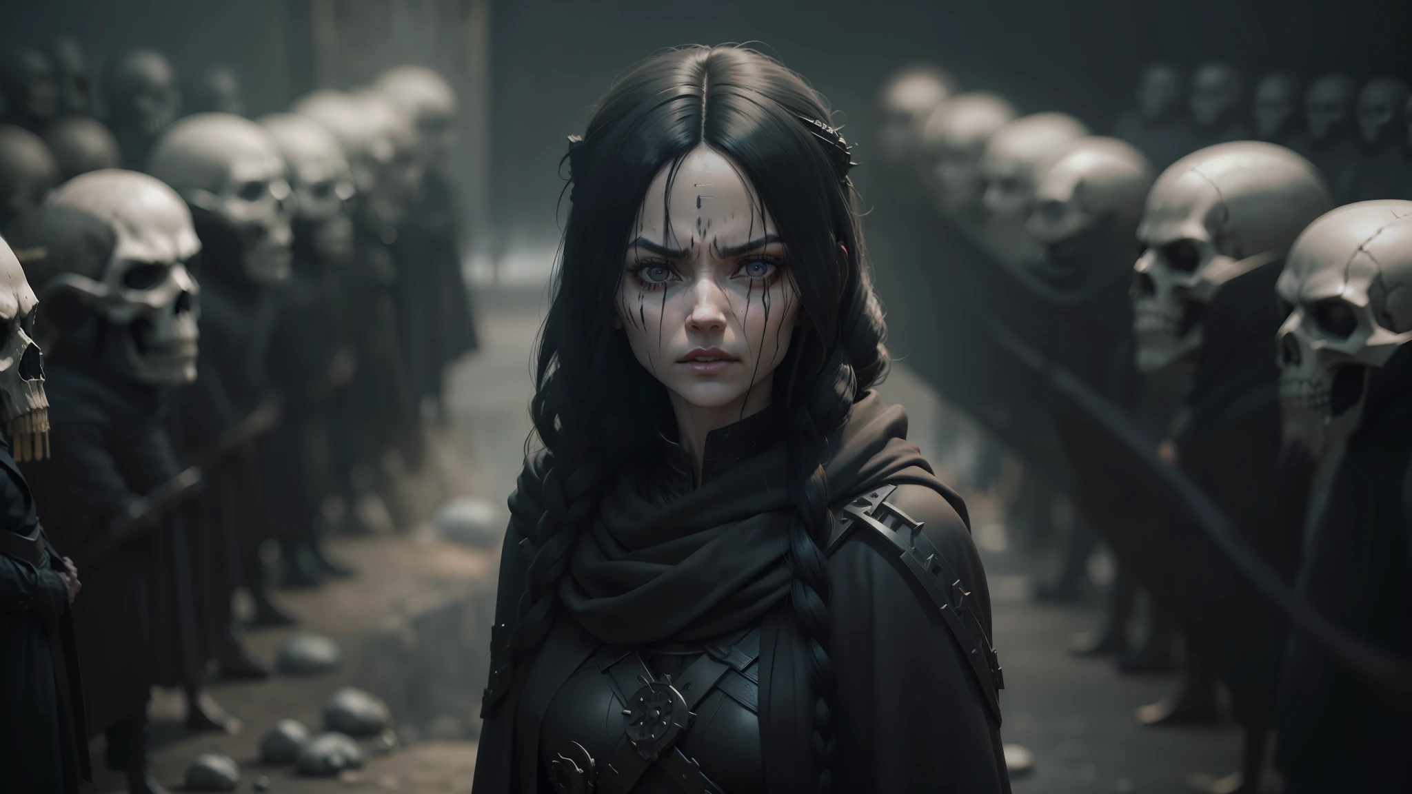 a woman in a black robe standing in front of a group of skulls, alita battle angel, movie still of a snarling, by Nína Tryggvadóttir, viking culture, featured on cg society, white facepaint, pain and torment, vril, resistance --auto --s2