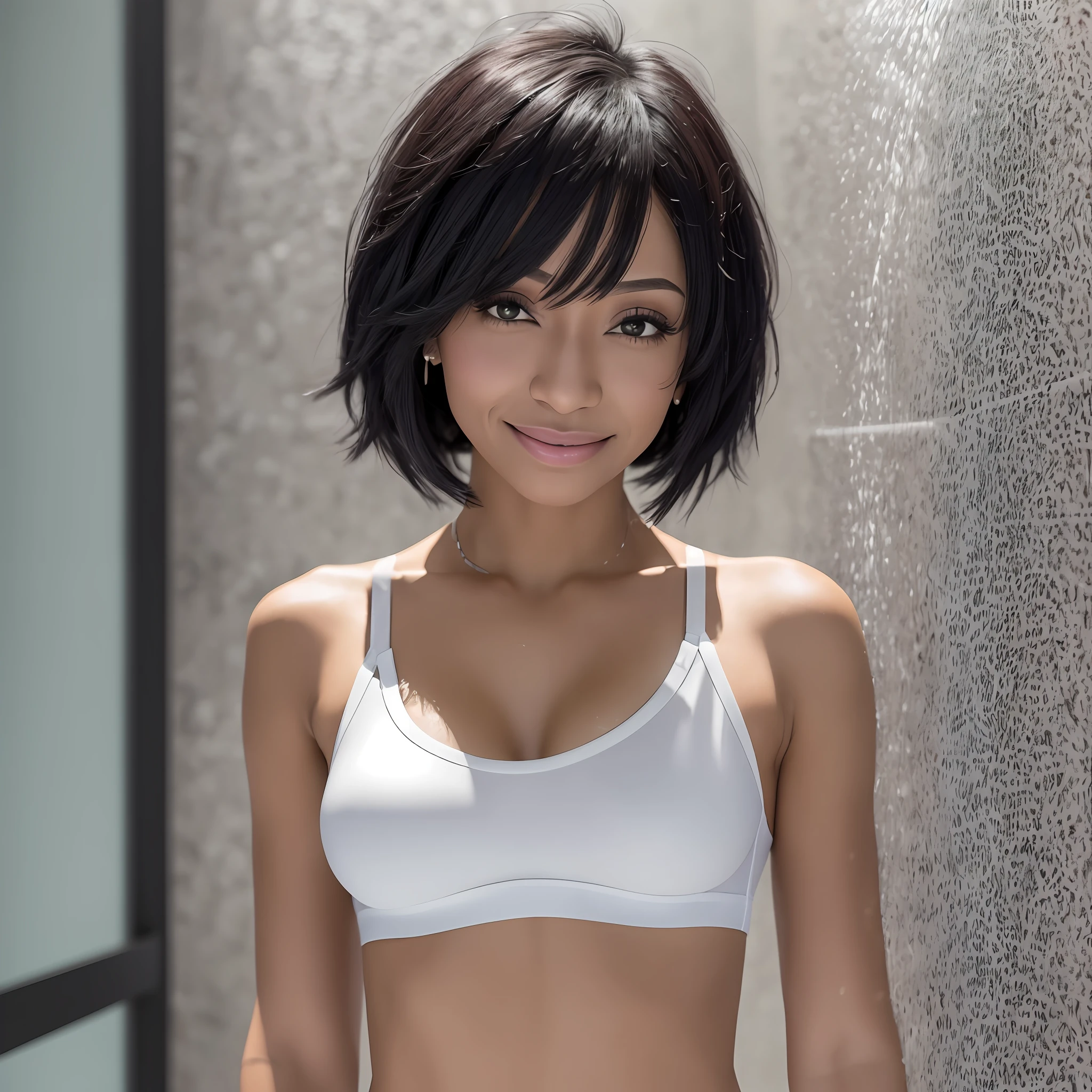 ((Tamara Taylor)), (solo), (a detailed full-body RAW photo of a girl), (masterpiece: 1), (best quality: 1.4), (ultra high resolution: 1.2), (photorealistic: 1.4), 8k resolution, Canon EOS R5, 50mm, absurd, ultra detailed, sharp focus, cinematic lighting, detailed beautiful face, (makeup: 1.2), (ulzzang-6500-v1.1), detailed skin texture, round chest, (slim and fit body: 1.3), thigh gap, (black short straight hair: 1.5), (straight hair), smiling, (white small bra, short silk mini skirt:1,4), realistic glittering skin, (cameltoe:1,5), (sweat:1,5), slim waist, seductive smile, solo, (in the shower), whole body --auto --s2