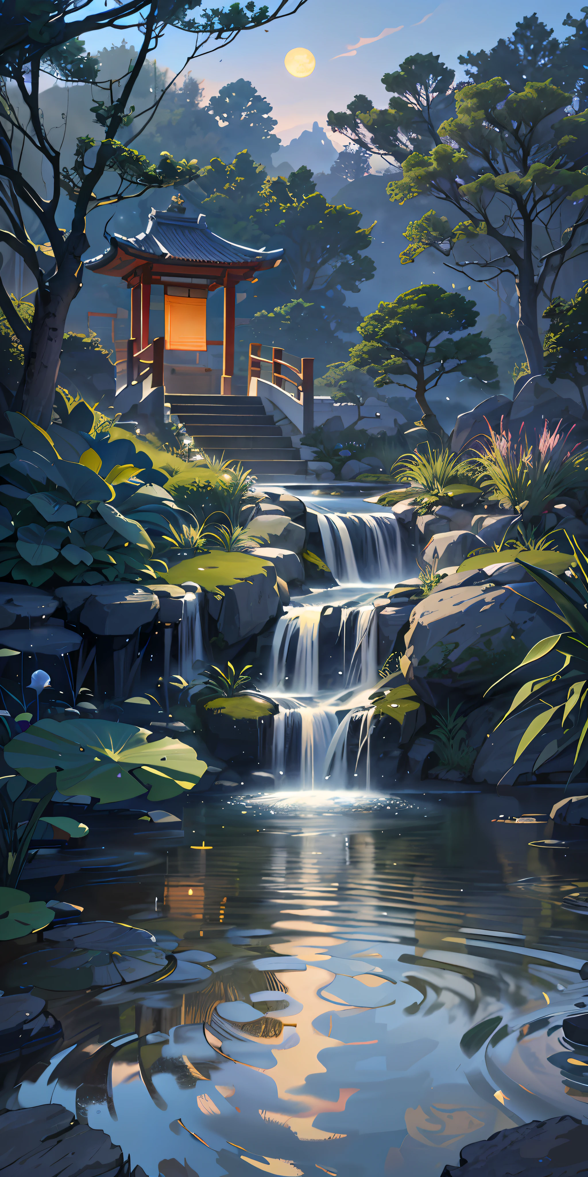 Ancient Chinese architecture, moon, midnight, garden, bamboo, lake, stone bridge, rockery, arch, corner, tree, running water, landscape, outdoor, waterfall, grass, rock, water lily, hot spring, water vapor, (Illustration: 1.0), Epic composition, realistic lighting, HD details, masterpiece, best quality, (very detailed CG unity 8k wallpaper), (very detailed CG unity 8k wallpaper), (very detailed CG unity 8k wallpaper), (very detailed CG unity 8k wallpaper), (very detailed CG unity 8k wallpaper), (very detailed CG unity 8k wallpaper), (very detailed CG unity 8k wallpaper), (very detailed CG unity 8k wallpaper), (very detailed CG unity 8k wallpaper), wallpaper (best quality)