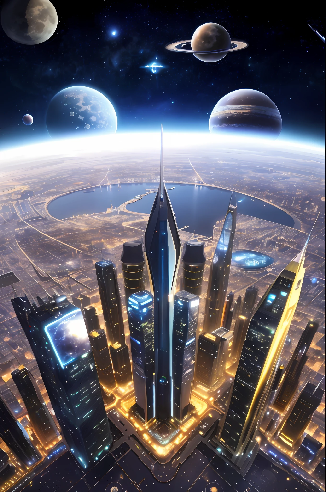 futuristic city with a futuristic moon and planets in the background, russian orbit city cityscape, vista of futuristic city, futuristic utopian metropolis, futuristic city, futuristic metropolis, photo of futuristic cityscape, futuristic utopia, futuristic city scape, science fiction city, futuristic city backdrop, otherwordly futuristic city, futuristic city backgrond, in fantasy sci - fi city