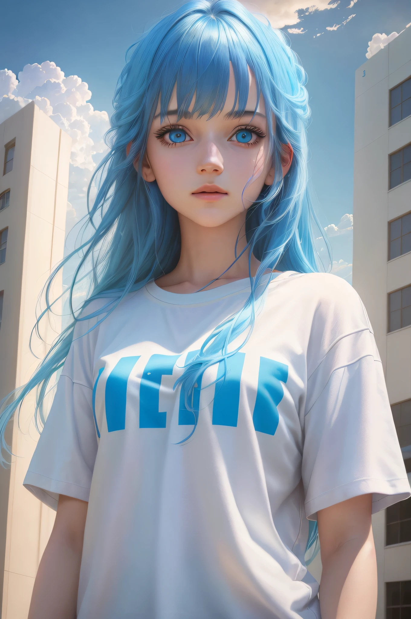 1girl, masterpiece, top quality, highly detailed, movie lighting, high resolution, official art, detailed beautiful face and eyes, high resolution illustration, 8k, blue hair, bangs, "Hello" letters on white t-shirt, blue sky, clouds