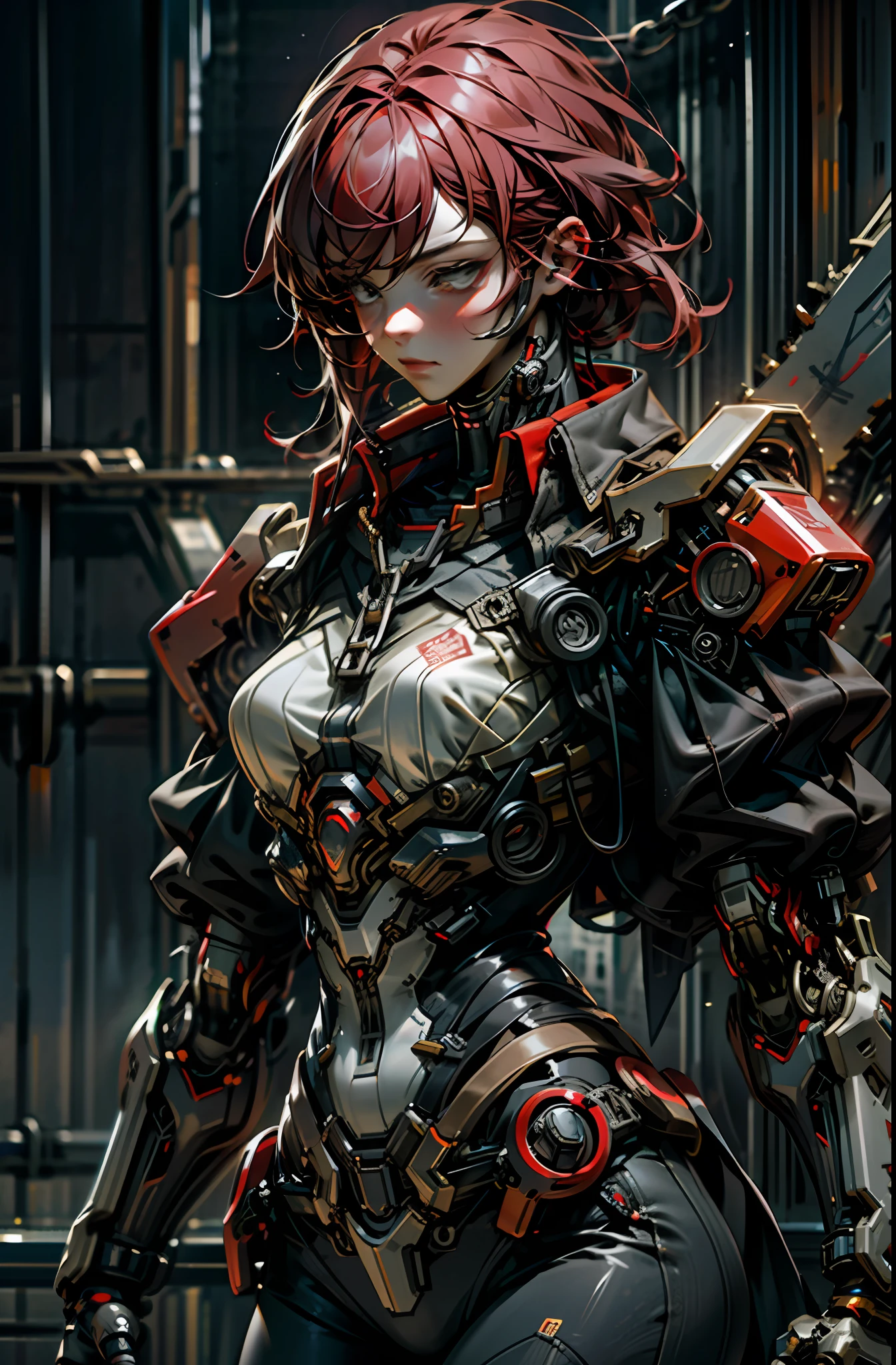 Dark_Fantasy,Cyberpunk,(chain saw,chain saw man,Red:1.1),1girl,Mechanical marvel,Robotic presence,Cybernetic guardian,