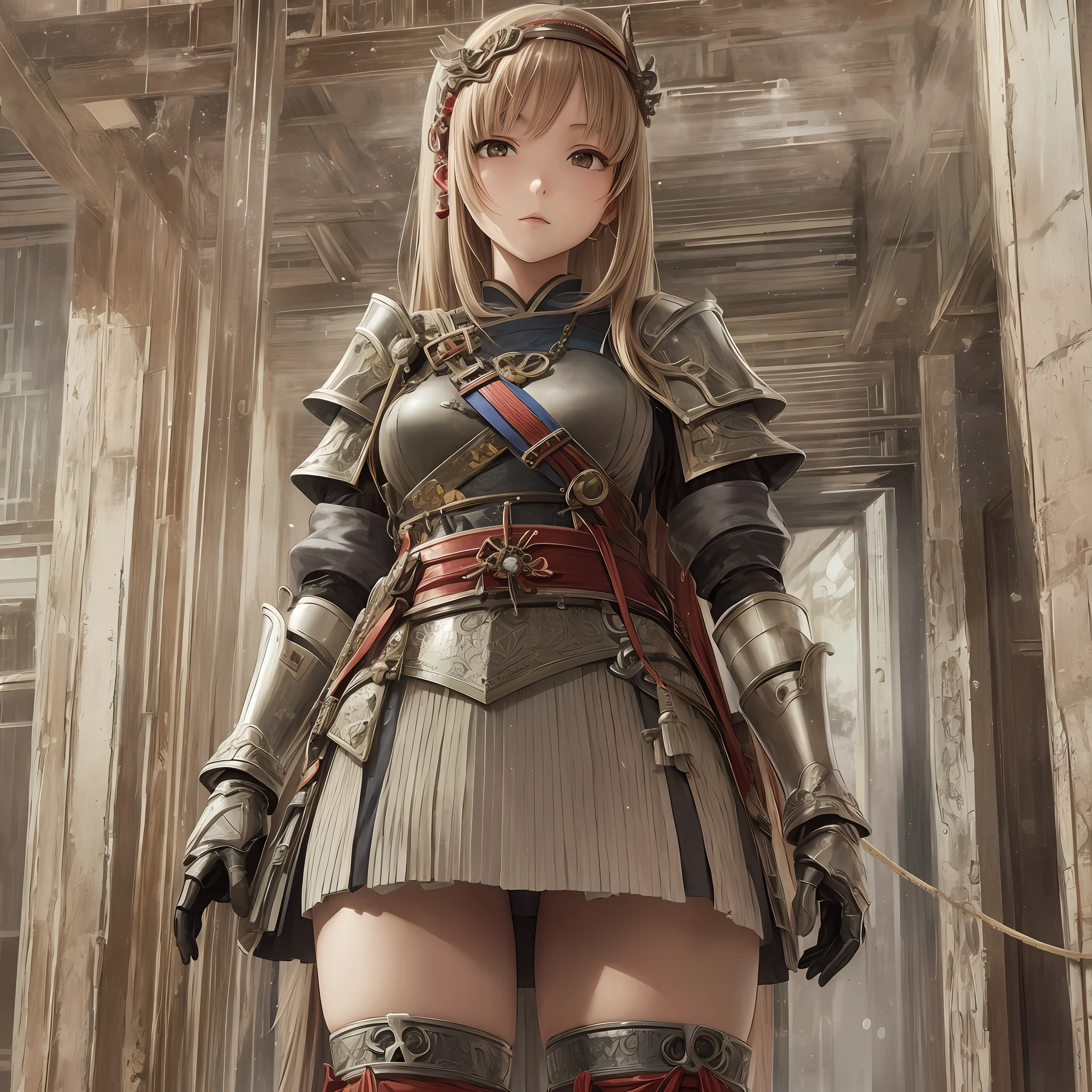 Japanese anime style. woman. A painting by Akihiko Yoshida. she wears armor mini skirt. she is standing from below. --auto --s2