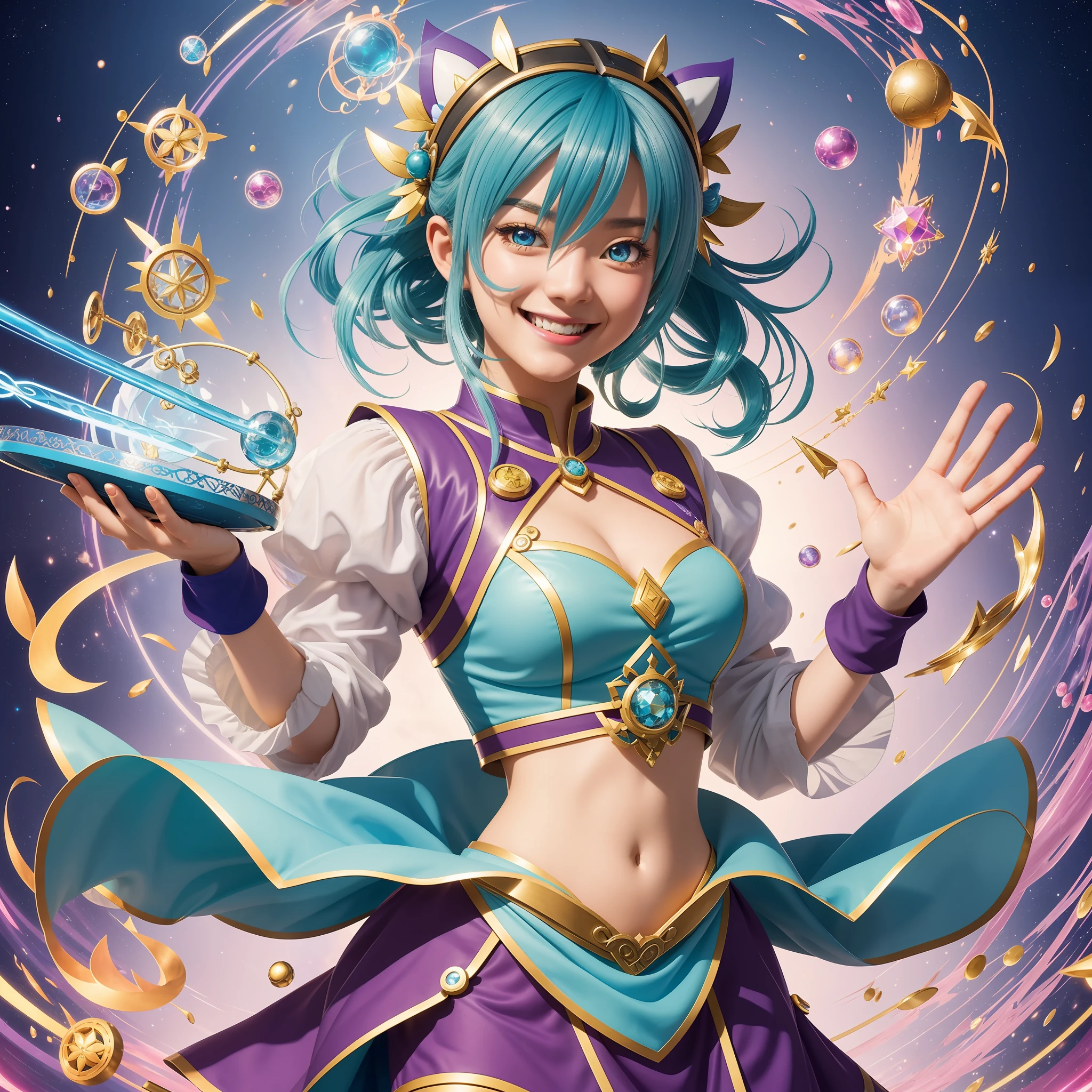 A delightful digital portrayal of Sucrose, a cheerful and talented character from the game Genshin Impact. Sucrose is depicted with her bright blue hair and playful expression, capturing her youthful and inquisitive nature. The artwork showcases her distinctive alchemist attire, with intricate details and vibrant colors that reflect her passion for scientific exploration. Sucrose's wide-eyed gaze and infectious smile reveal her boundless enthusiasm for her work. The image may feature her surrounded by alchemical tools or floating elemental particles, representing her affinity for Anemo (Wind) magic. Overall, the artwork captures Sucrose's energetic and optimistic spirit, showcasing her as a beloved character within the Genshin Impact universe.