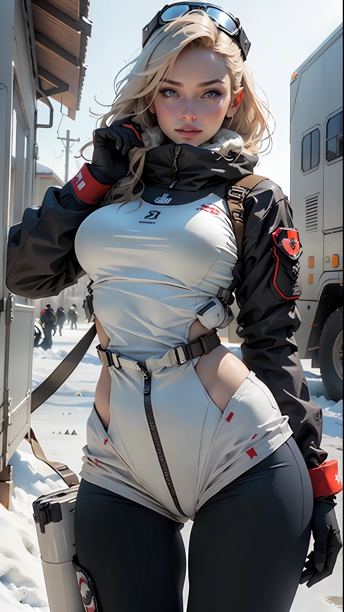 Beautiful woman with detailed defined body, role-play using Canadian Snow Special Forces, wearing Canadian Snow Special Forces costume, big breasts, thin waist, plump buttocks