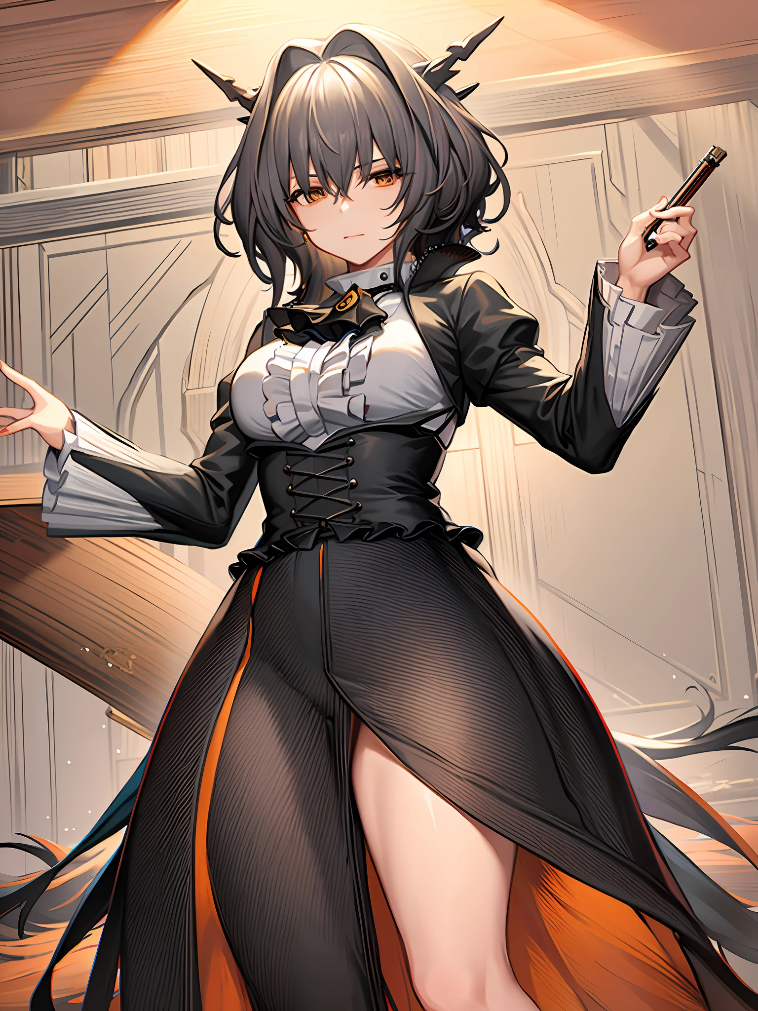 (masterpiece, best quality:1.2), solo, 1girl, yashio rui, expressionless, holding instrument, playing instrument, violin, bow \(music\), black dress, jewelry, earrings