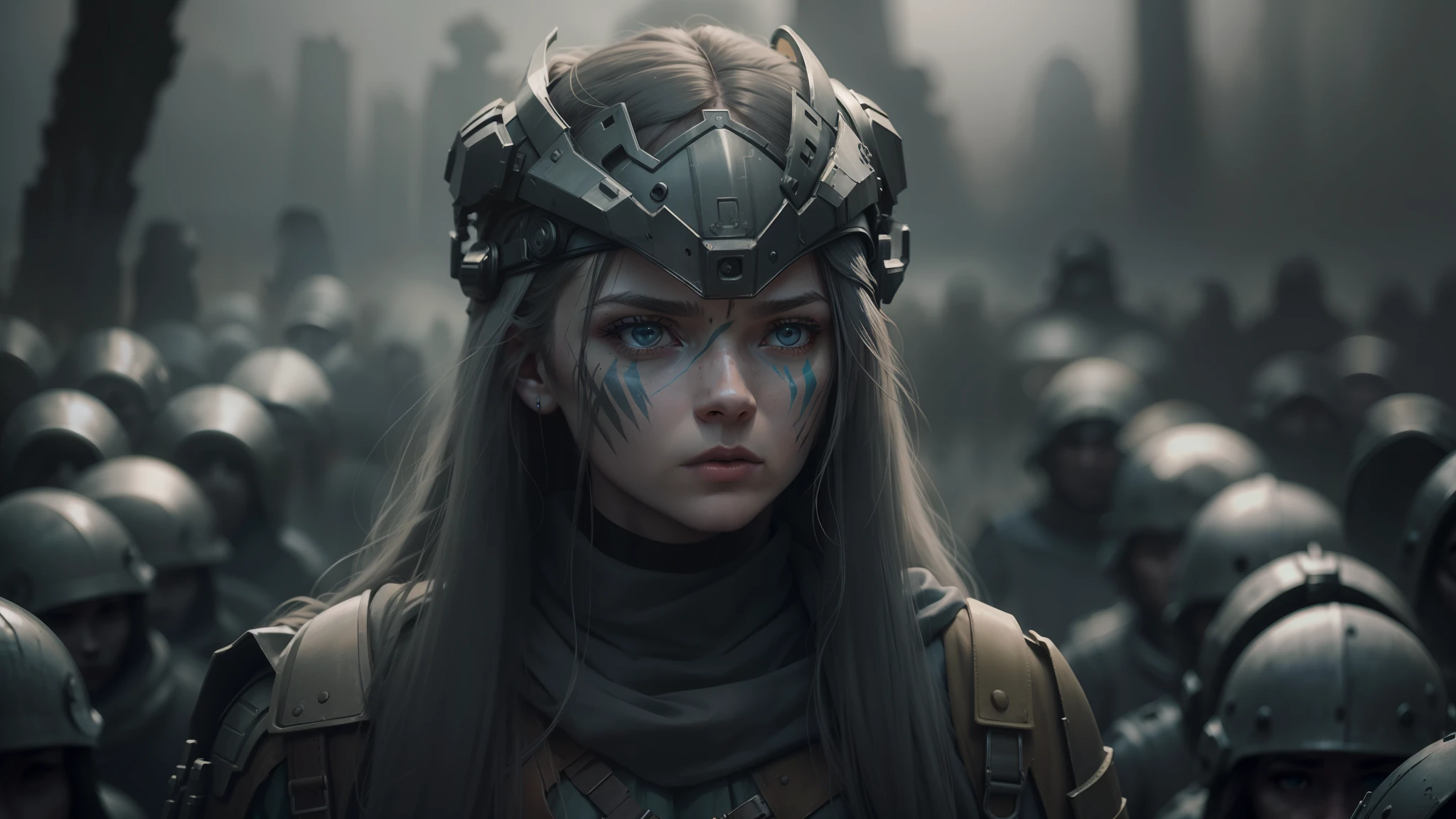 a woman with long hair and a helmet on stands in a large group of soldiers, biopunk environment, inspired by Nína Tryggvadóttir, face paint, still image from the movie, dark runes, eerie moorlands behind her, aloy, infp young woman, subtle makeup, grey aliens, this character has cryokinesis --auto --s2