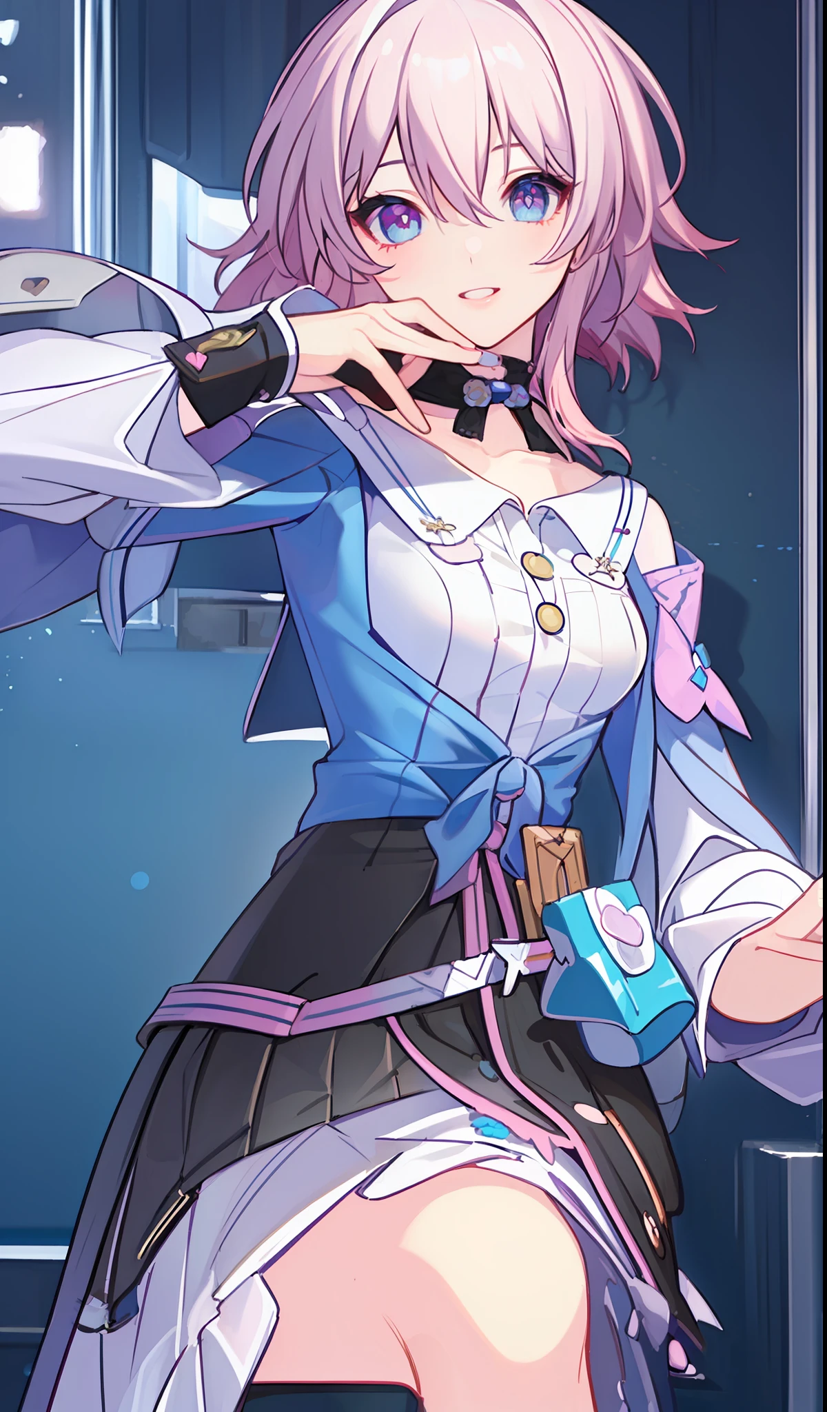 (((Masterpiece)))), (((Best Quality)))), (((Very detailed))), Detailed Fingers, Accurate Fingers, Non-Unnatural Hands, Last, 1 Girl, Solo, Pink Bob Cut, Blue Eyes, White Long-Sleeved Shirt, Black Skirt, March,