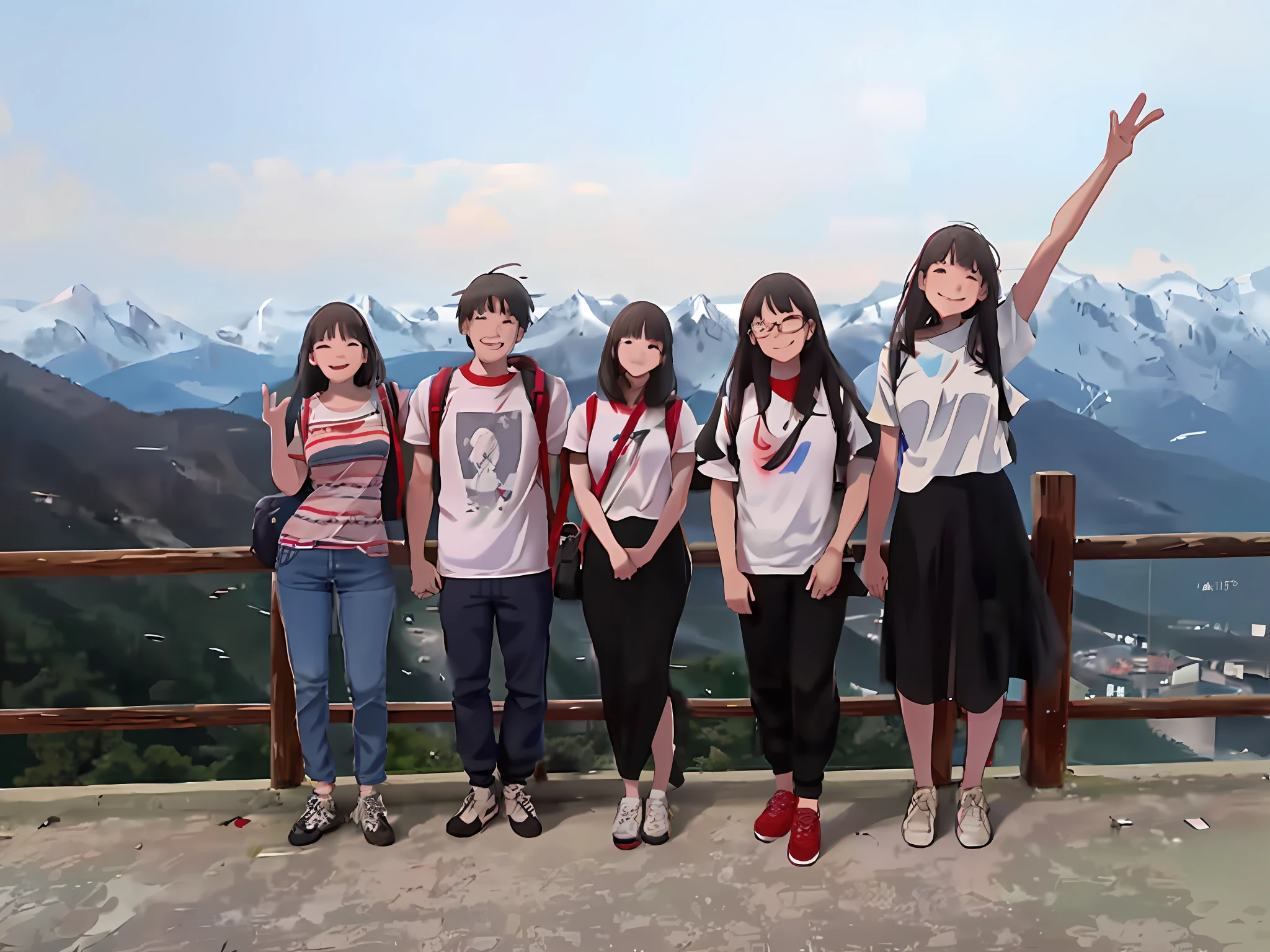 several people standing on a balcony with their arms up, with many travelers, vacation photo, at the top of a mountain, scenic view, with mountains in the background, on a mountain, tourist destination, top of the mountain, in mountains, with mountains in background, on top of a mountain, on the mountain, standing on mountain, on the top of a mountain