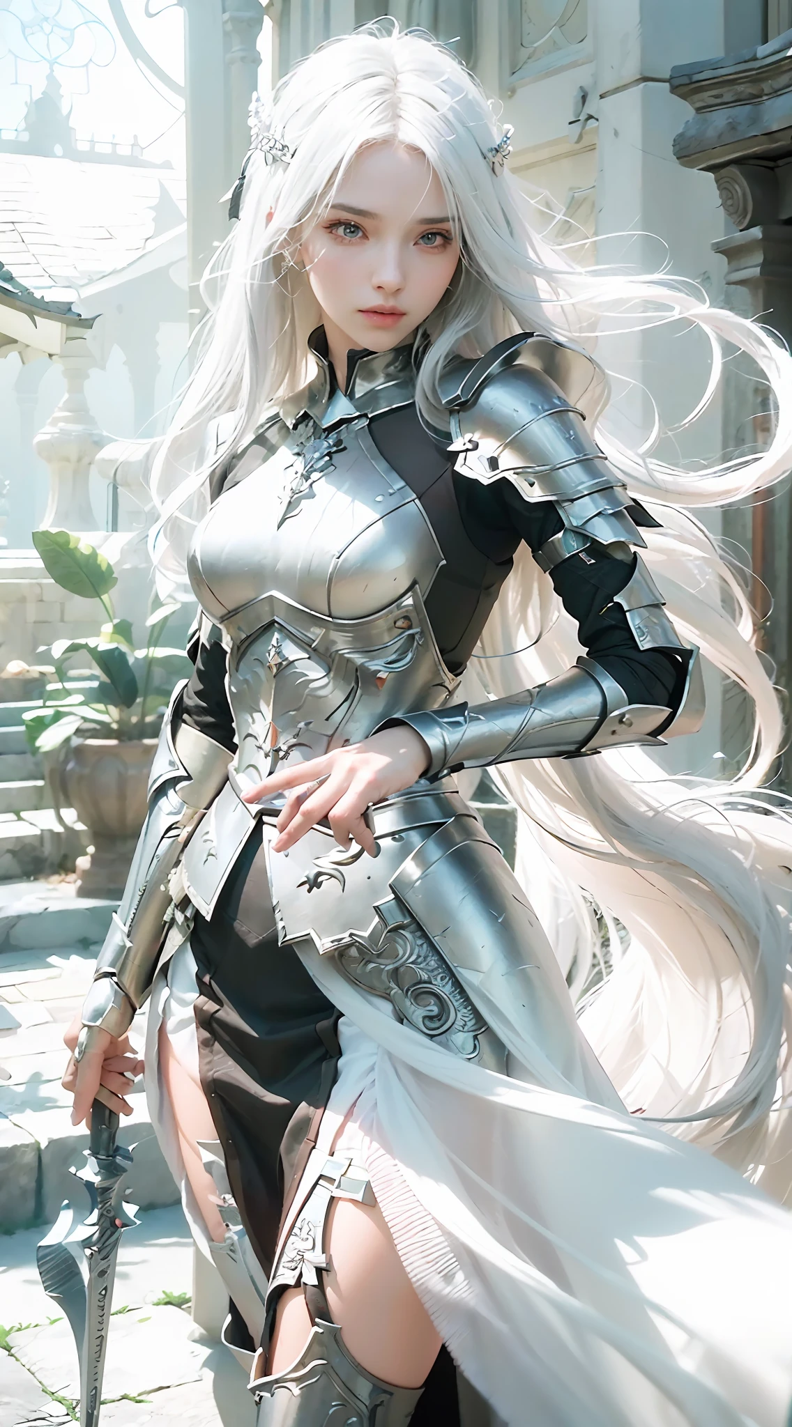 ((Best Quality)), ((Masterpiece)), (Details: 1.4), 3D, A Beautiful Female Knight, (Long White Hair: 1.9), (Red Eyes: 1.7), (Armor: 1.5), Sabre, Temple Background, Gothic Chapel, HDR (High Dynamic Range), Ray Tracing, NVIDIA RTX, Super-Resolution, Unreal 5, Subsurface Scattering, PBR Texture, Post Processing, Anisotropic Filtering, Depth of Field, Maximum sharpness and sharpness, multi-layer textures, albedo and highlight maps, surface shading, accurate simulation of light-material interactions, perfect proportions, Octane Render, two-color light, large aperture, low ISO, white balance, rule of thirds, 8K RAW,