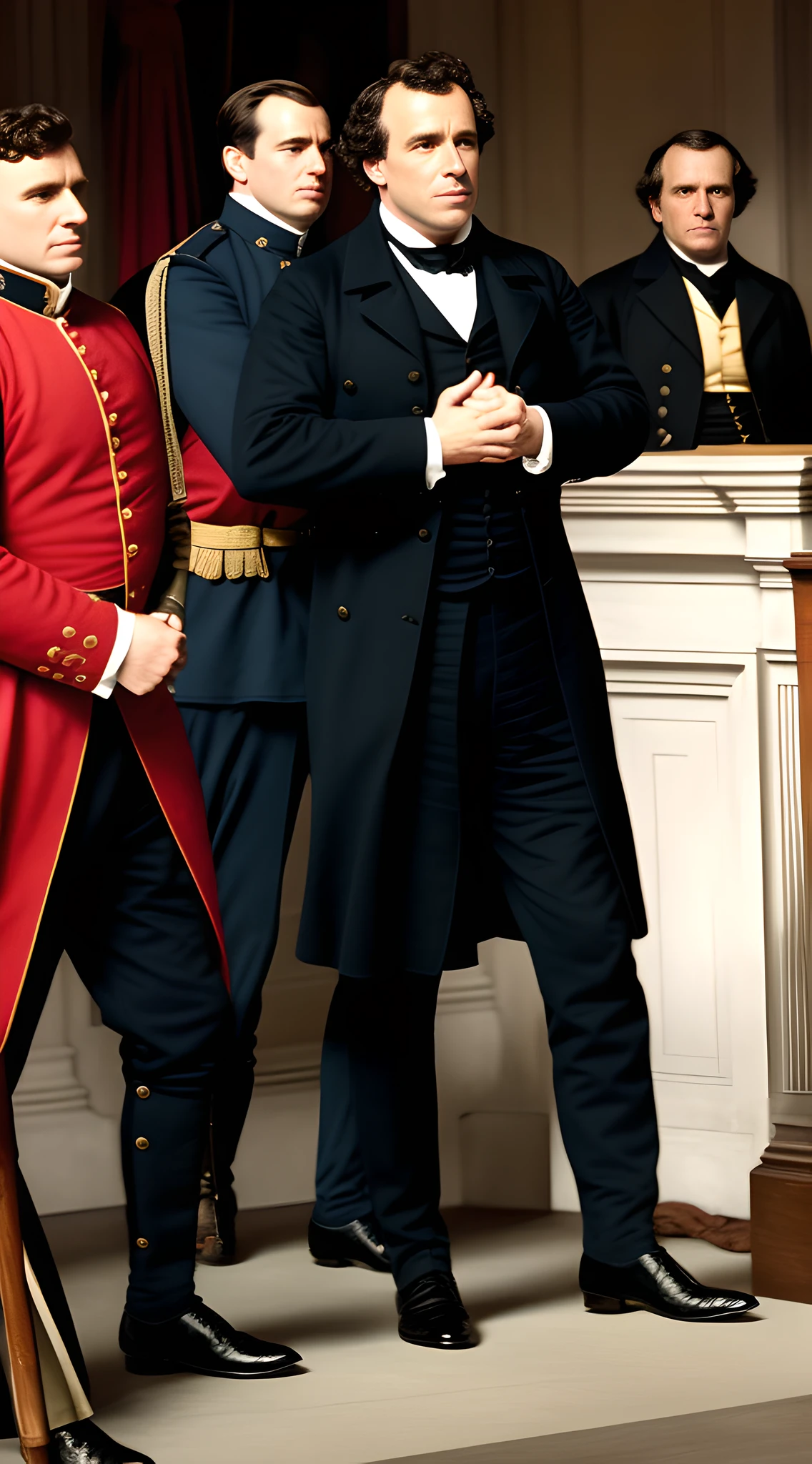 (masterpiece, best quality), ultra-realistic, historical reenactment, President Franklin Pierce being arrested, period-appropriate attire for the officers, onlookers in the background, detailed, accurate depiction of the event