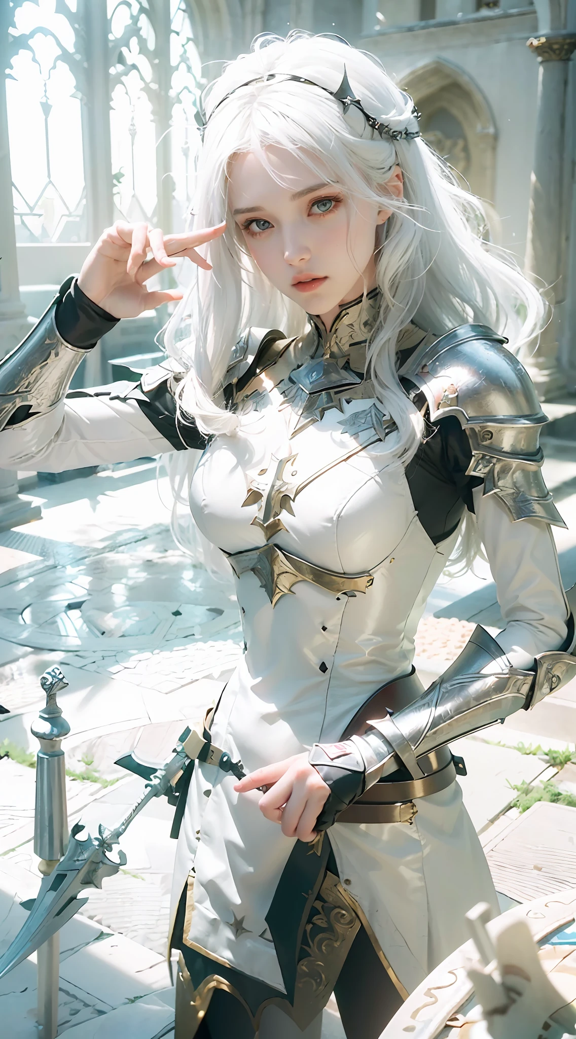 ((Best Quality)), ((Masterpiece)), (Details: 1.4), 3D, A Beautiful Female Knight, (Long White Hair: 1.9), (Red Eyes: 1.7), (Armor: 1.5), Sabre, Temple Background, Gothic Chapel, HDR (High Dynamic Range), Ray Tracing, NVIDIA RTX, Super-Resolution, Unreal 5, Subsurface Scattering, PBR Texture, Post Processing, Anisotropic Filtering, Depth of Field, Maximum sharpness and sharpness, multi-layer textures, albedo and highlight maps, surface shading, accurate simulation of light-material interactions, perfect proportions, Octane Render, two-color light, large aperture, low ISO, white balance, rule of thirds, 8K RAW,
