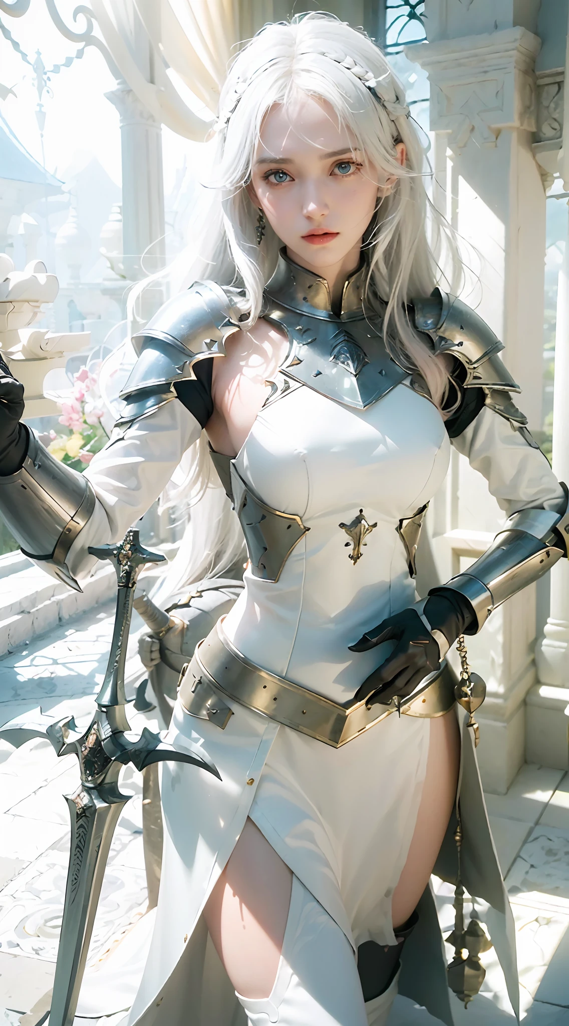 ((Best Quality)), ((Masterpiece)), (Details: 1.4), 3D, A Beautiful Female Knight, (Long White Hair: 1.9), (Red Eyes: 1.7), (Armor: 1.5), Sabre, Temple Background, Gothic Chapel, HDR (High Dynamic Range), Ray Tracing, NVIDIA RTX, Super-Resolution, Unreal 5, Subsurface Scattering, PBR Texture, Post Processing, Anisotropic Filtering, Depth of Field, Maximum sharpness and sharpness, multi-layer textures, albedo and highlight maps, surface shading, accurate simulation of light-material interactions, perfect proportions, Octane Render, two-color light, large aperture, low ISO, white balance, rule of thirds, 8K RAW,