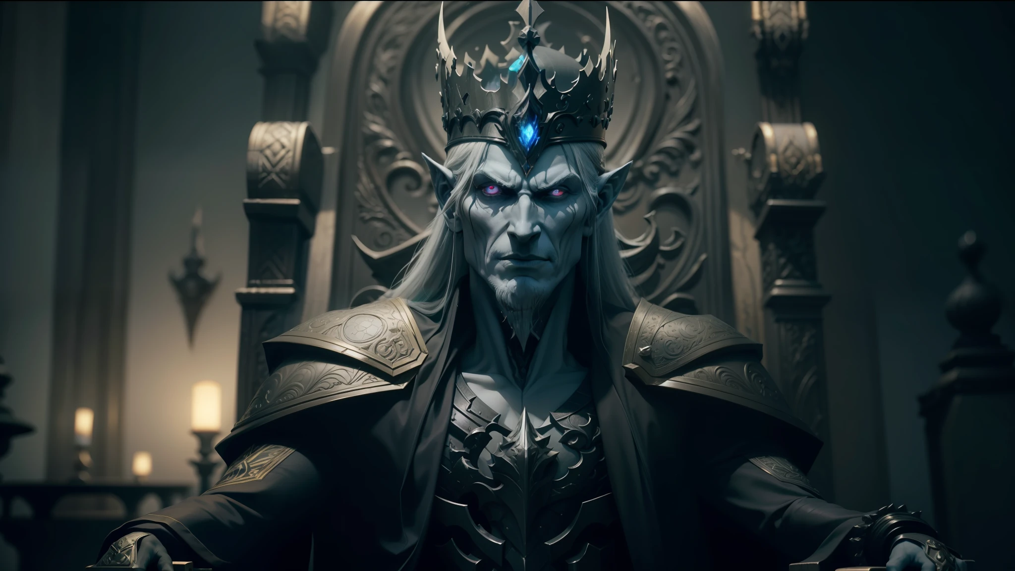 a close up of a statue of a man with a crown on a throne, still from animated horror movie, karthus from league of legends, still image from the movie, of an evil elf, smooth anime cg art, kuntilanak, the artist has used bright, mortal kombat 11, deity) --auto --s2