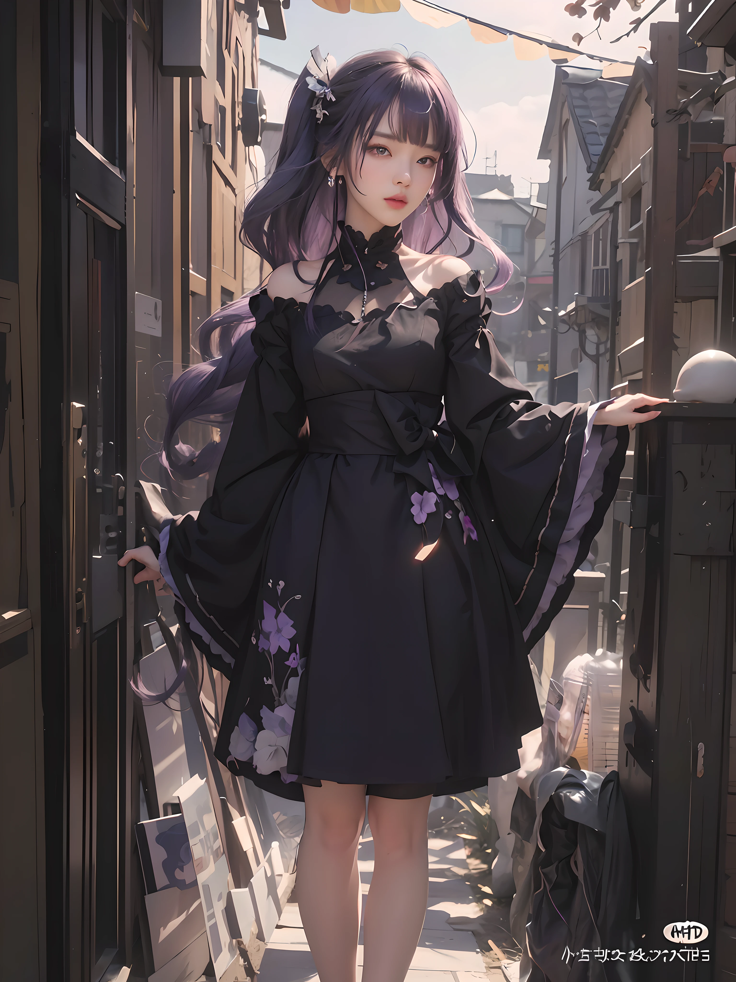 best quality, masterpiece, ultra high res, 1girl, solo, (detailed face:1.2), (detailed eyes:1.2), (detailed hair:1.2), (detailed clothes:1.2), 4k, raiden shogun, genshin impact, black dress, purple hair, hair ornaments,