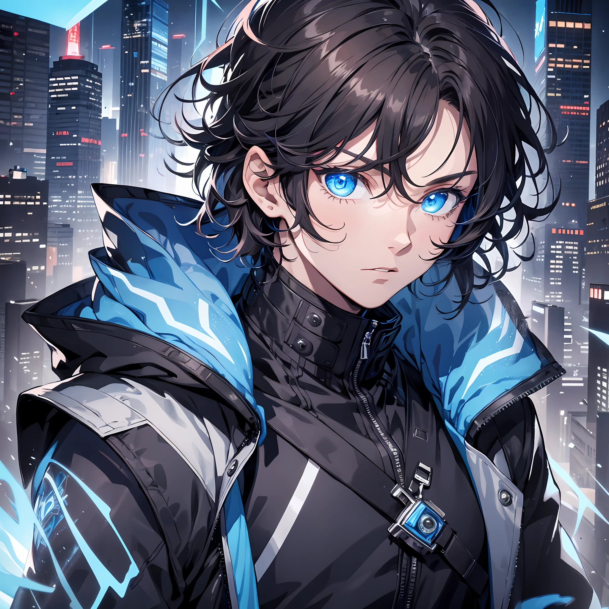 1boy,wearing a black jacket with blue energy running throughout the jacket,brown hair,close up shot, wearing a white mask with blue marking ,blue outlines on the jacket,city,deep blue eyes, wavy messy unkept hair, ultra detailed eyes, glowing eyes, highest quality digital art, Stunning art, wallpaper 4k, highly detailed,BREAK