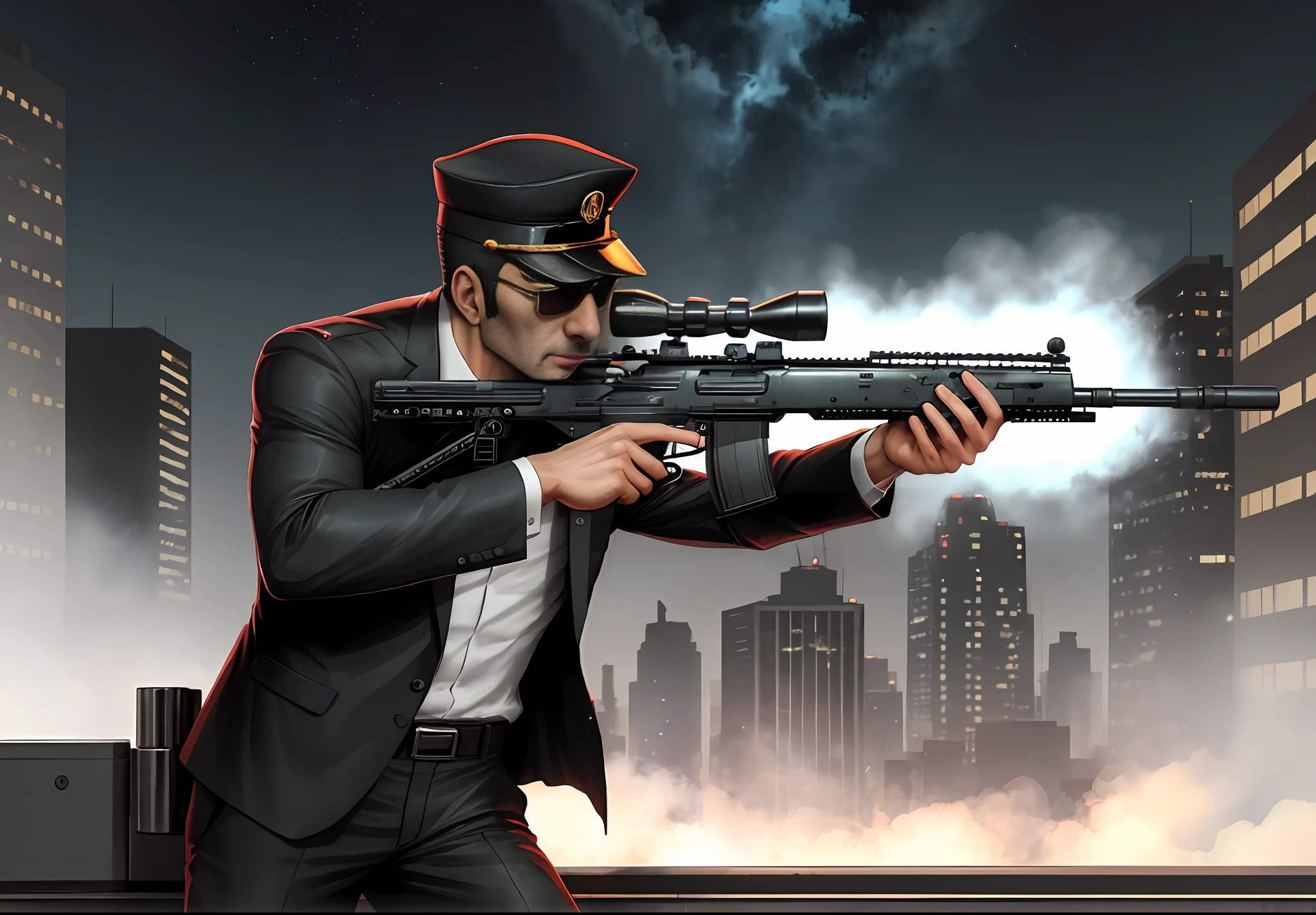 Golgo 13 looks into the scope of a sniper rifle (AK47). The scenery of the city spreading out in front of you is projected. He regulates his breathing and runs his finger over the trigger.