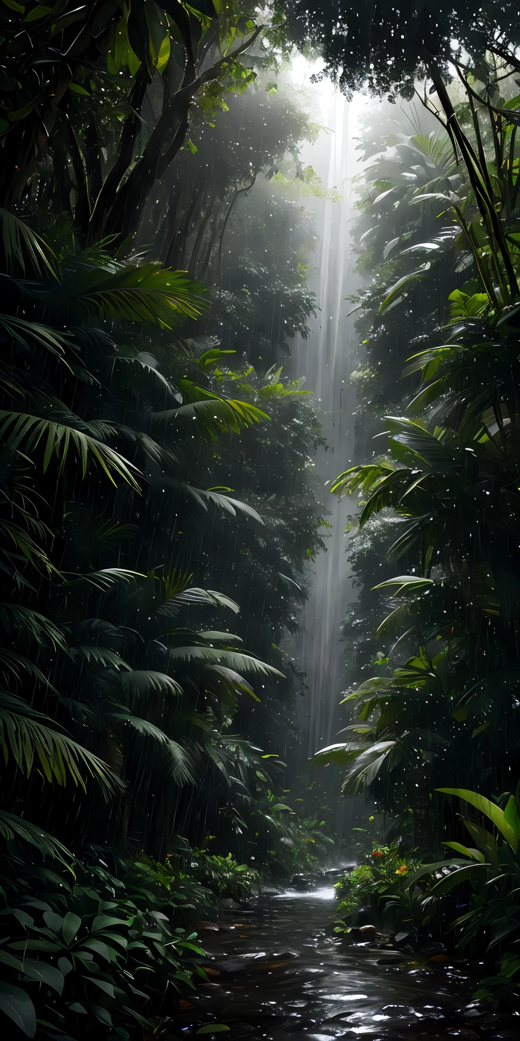 A jungle, with intense rainfall, monochromatic, vines all around, giant and wet trees, masterpiece, best quality, high quality, extremely detailed CG unity 8k wallpaper, oil paiting, award winning photography, Bokeh, Depth of Field, HDR, bloom, Chromatic Aberration ,Photorealistic,extremely detailed, trending on artstation, trending on CGsociety, Intricate, High Detail, dramatic, art by midjourney, volumetric lighting