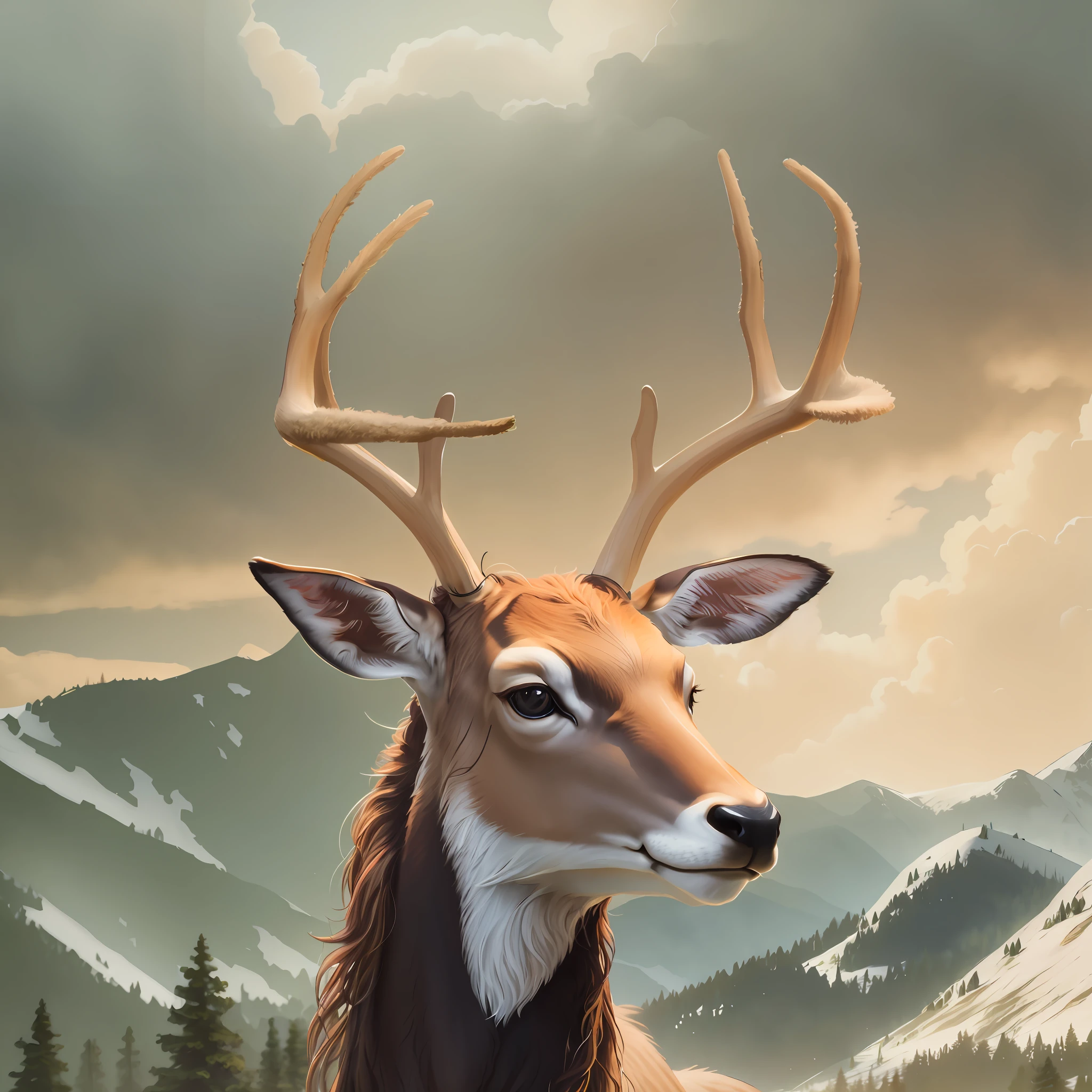 Deer antlers, deer close shot, male deer, there is a deer, spotted ultra-realistic, high resolution and detail, photorealistic detailed, realistic scene, close-up, anthropomorphic deer, highly detailed photorealistic, highly detailed realistic, photorealistic high-detailed, realistic fantasy rendering, high-quality photorealism, photorealistic detail, photorealistic style, realistic high-detail 35