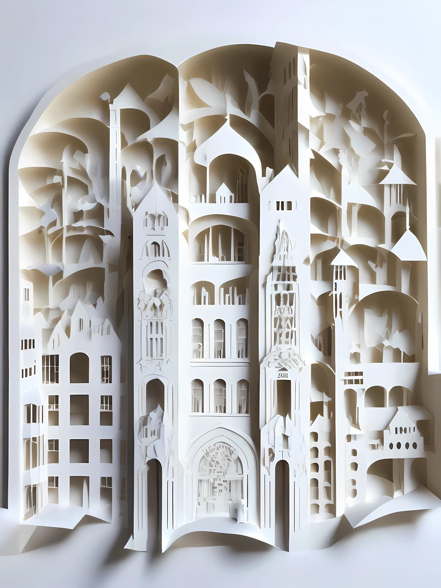City architecture, street view, traffic, river, 3D paper cutting, simple composition, white background, 3D stereoscopic, HD rendering.