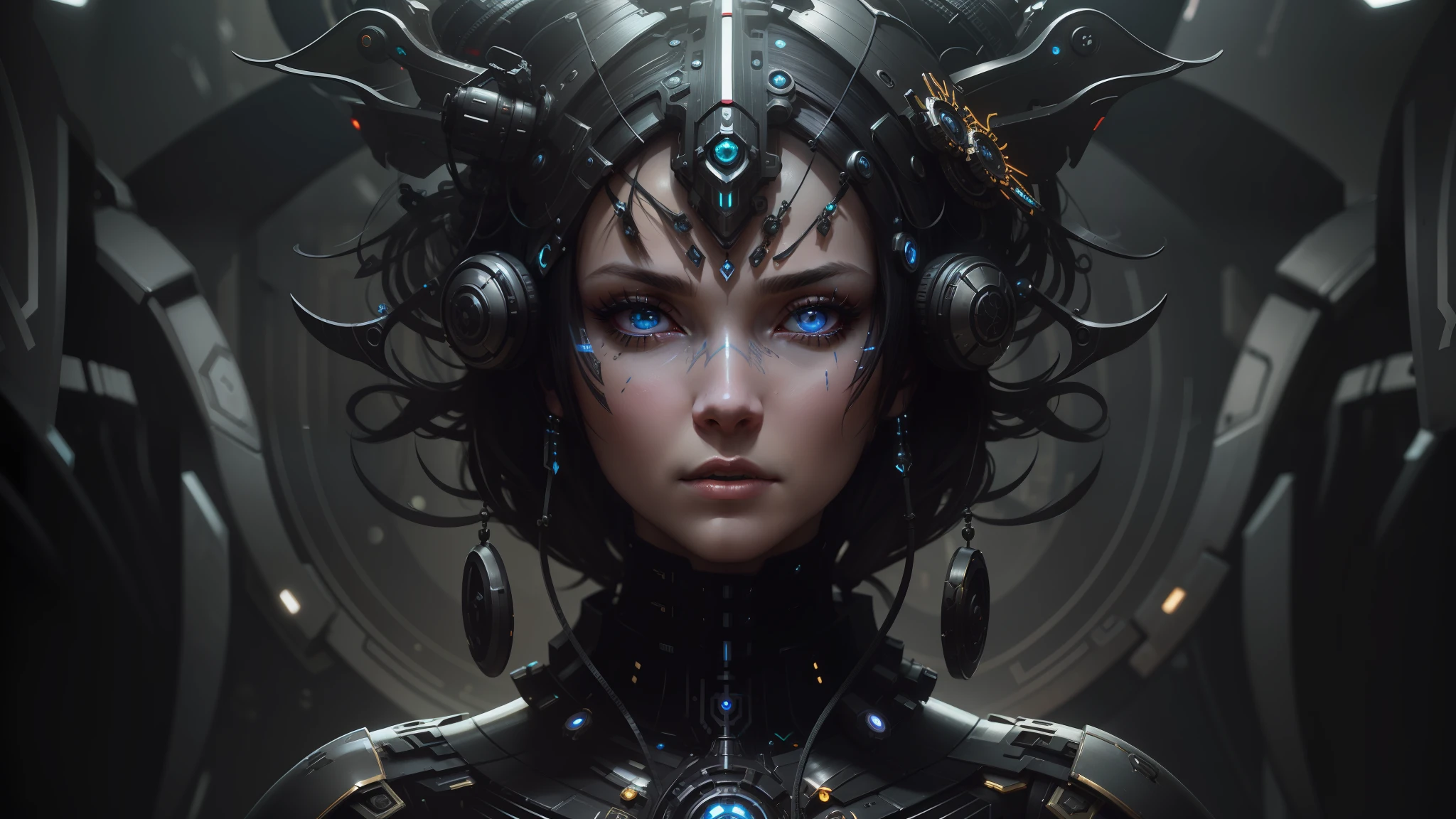 a close up of a woman with a very strange headpiece, cybernetic and highly detailed, cinematic cgsociety, cute cyber gods, portrait of lady mechanika, ash thorp, the palace of ai, machinic desire, subtle giger --auto --s2