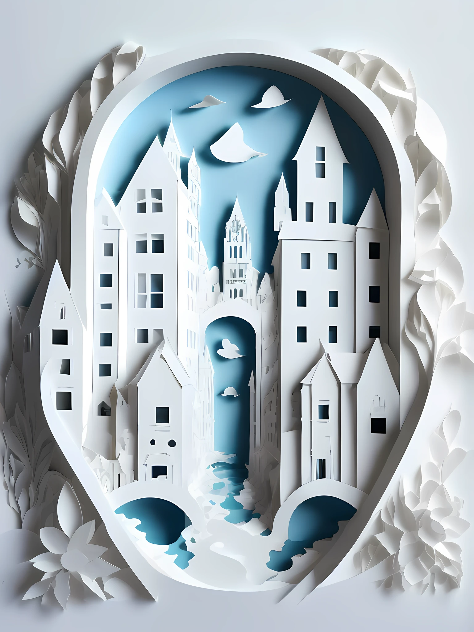 City architecture, street view, traffic, river, 3D paper cutting, simple composition, white background, 3D stereoscopic, HD rendering.