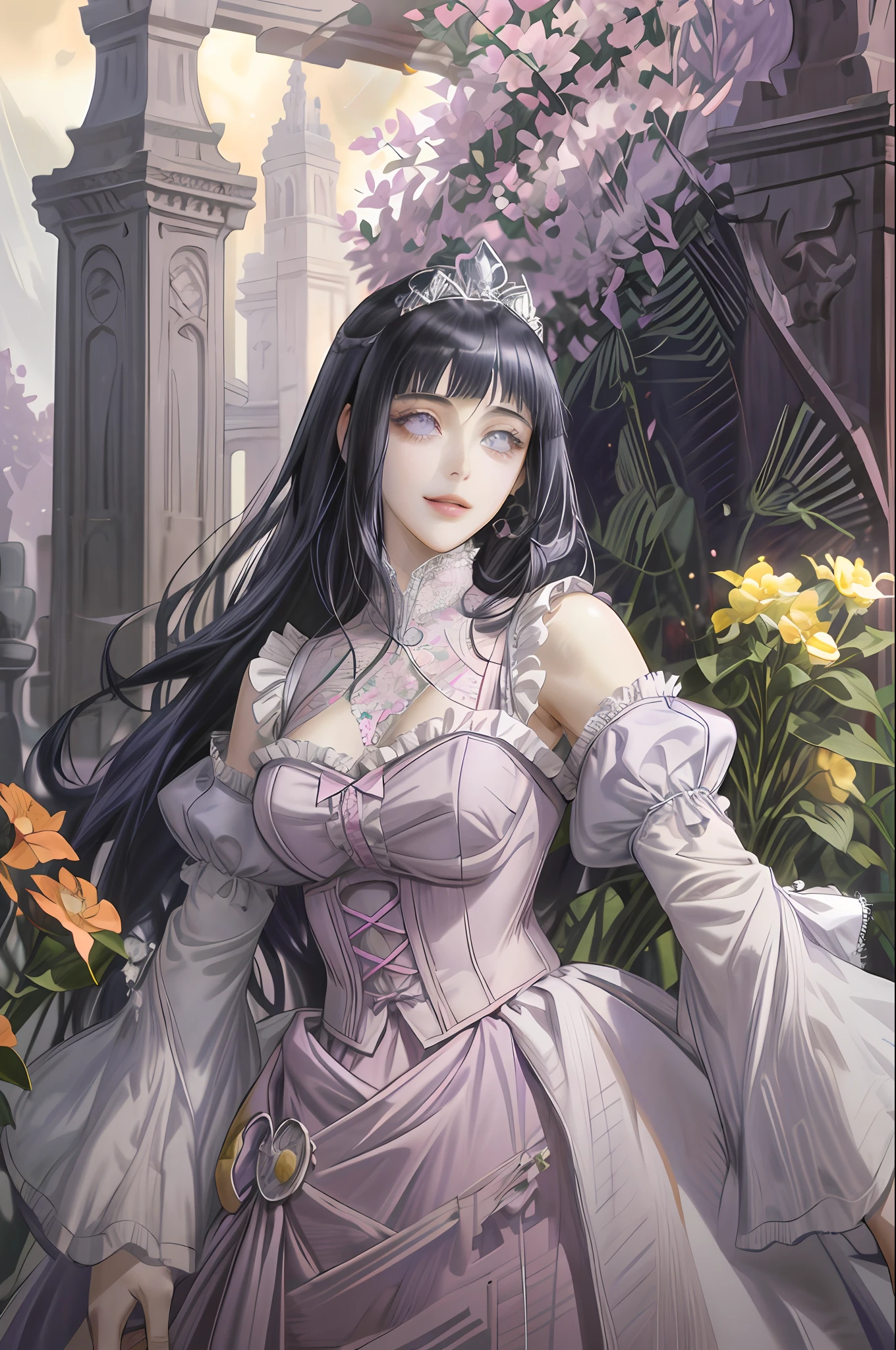 (absurdres, highres, ultra detailed), masterpiece, hinata\(boruto\), solo, 1girl,medium , long purple victorian style dress, smile, (((long hair))),standing, the bodice and the skirt pattern, frill skirt, lace, blink blink effect, (((detailed lips))), cowboy shoot, garden, pink and yellow flowers, realistic skin, tiara
