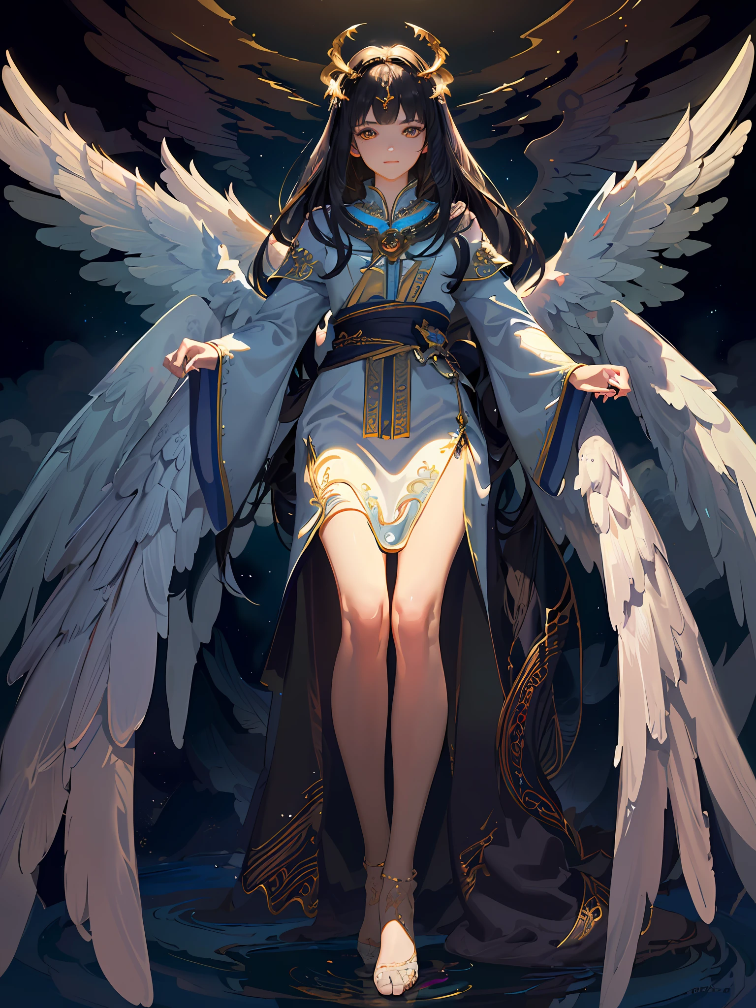 (masterpiece:1.2), best quality, (ultra-detailed), (detailed background:1.1), (cinematic light:1.3), (best shadow:1.1), (beautiful detailed face:1.2), (hyper detail:1.1), (dramatic light:1.2), (intricate details:1.1), (colourful:1.1), (angel:1.4), (descending from the clouds:1.2), (large wings:1.3), (flowing :1.2), (ethereal glow:1.3), (peaceful expression:1.2), (heavenly atmosphere:1.3), (wide-angle:1.1), (solo), (full body:1.1).