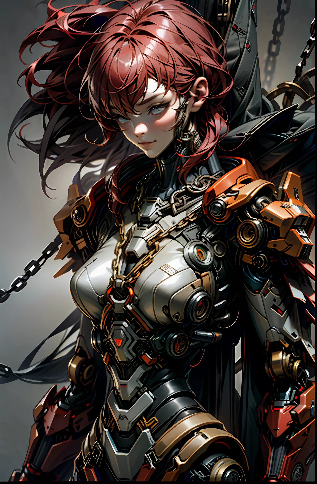 Dark_Fantasy,Cyberpunk,(chain saw,chain saw man,Red:1.1),1girl,Mechanical marvel,Robotic presence,Cybernetic guardian,