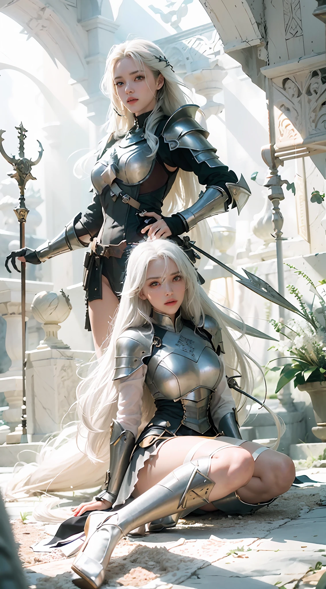 (Best Quality), (Masterpiece), (Details: 1.4), 3D, A Beautiful Female Knight, (Long White Hair: 1.9), (Kneeling: 1.7), (Armor: 1.5), (Hands Tied: 1.5), High Heels, Gothic Chapel, HDR (High Dynamic Range), Ray Tracing, NVIDIA RTX, Super-Resolution, Unreal 5, Subsurface Scattering, PBR Textures, Post-processing, Anisotropic filtering, depth of field, maximum sharpness and sharpness, multi-layer textures, albedo and specular mapping, surface shading, accurate simulation of light-material interactions, perfect proportions, Octane Render, bicolor light, large aperture, low ISO, white balance, rule of thirds, 8K RAW,