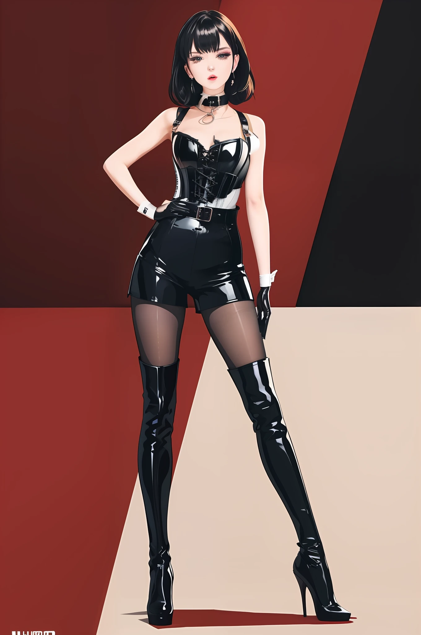 BDSM, rubber, black corset, bondage, collar, NSFW, (best quality, 8k, masterpiece: 1.3))