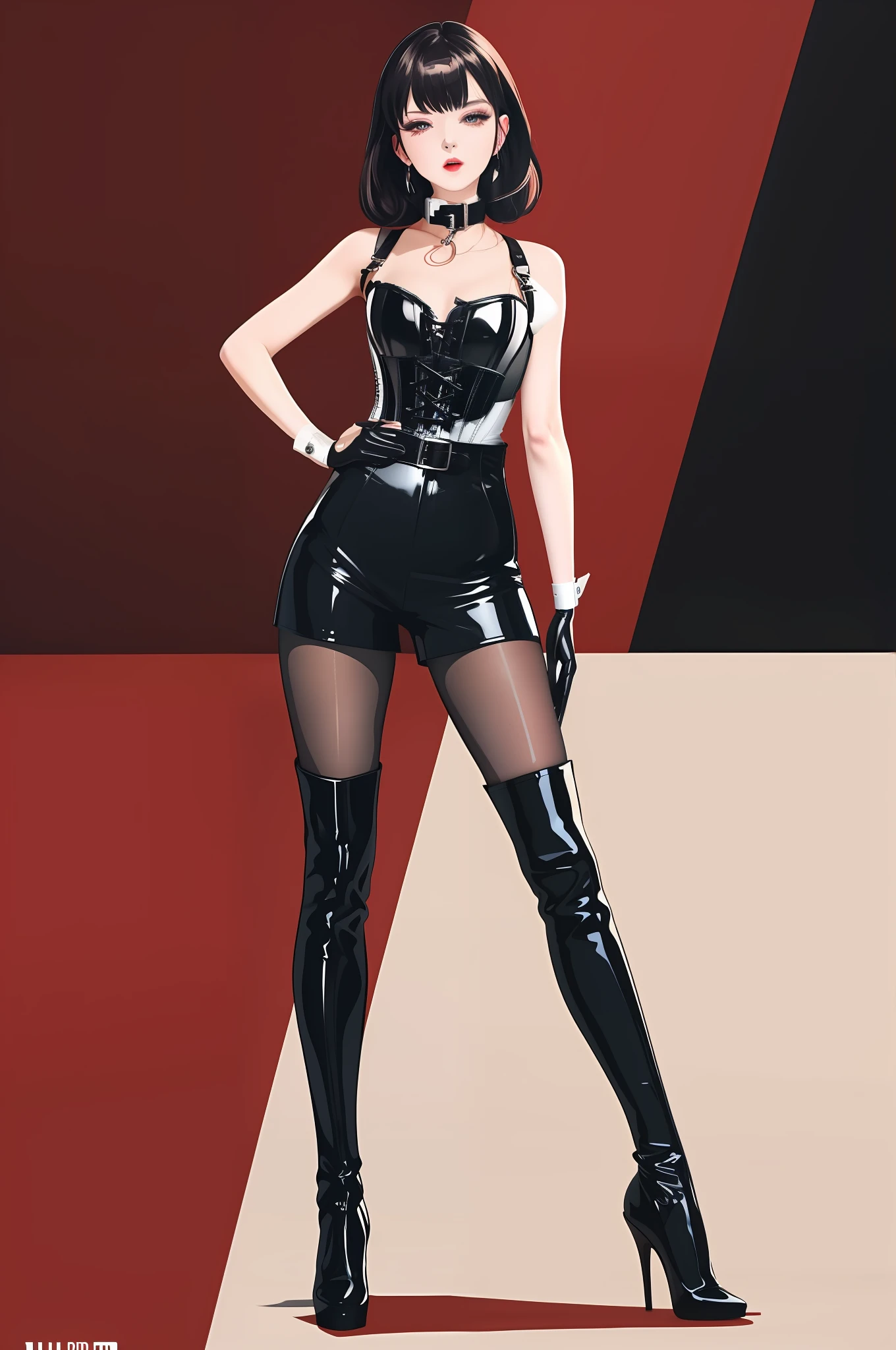 BDSM, rubber, black corset, bondage, collar, NSFW, (best quality, 8k, masterpiece: 1.3))