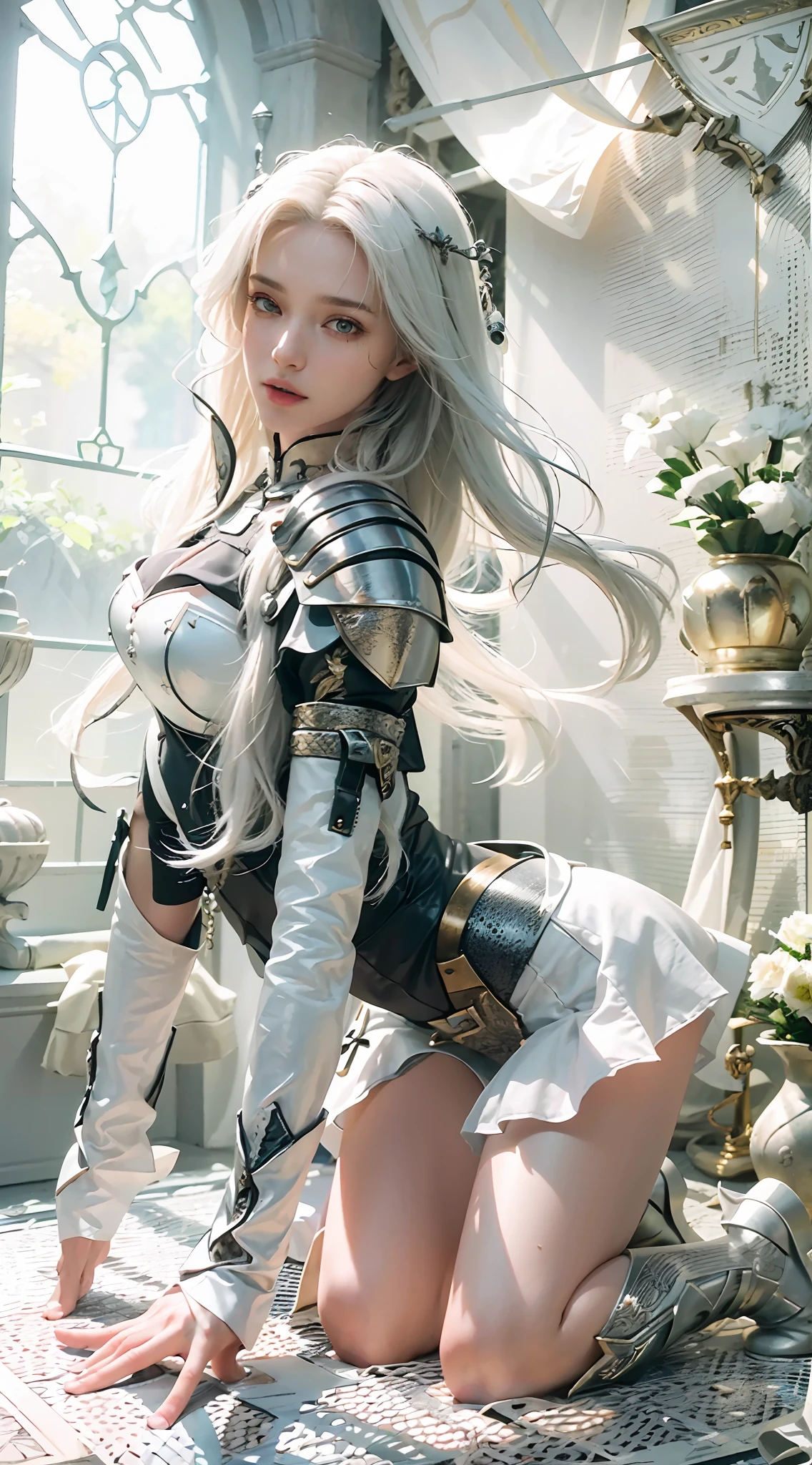 (Best Quality), (Masterpiece), (Details: 1.4), 3D, A Beautiful Female Knight, (Long White Hair: 1.9), (Kneeling: 1.7), (Armor: 1.5), (Hands Tied: 1.5), High Heels, Gothic Chapel, HDR (High Dynamic Range), Ray Tracing, NVIDIA RTX, Super-Resolution, Unreal 5, Subsurface Scattering, PBR Textures, Post-processing, Anisotropic filtering, depth of field, maximum sharpness and sharpness, multi-layer textures, albedo and specular mapping, surface shading, accurate simulation of light-material interactions, perfect proportions, Octane Render, bicolor light, large aperture, low ISO, white balance, rule of thirds, 8K RAW,