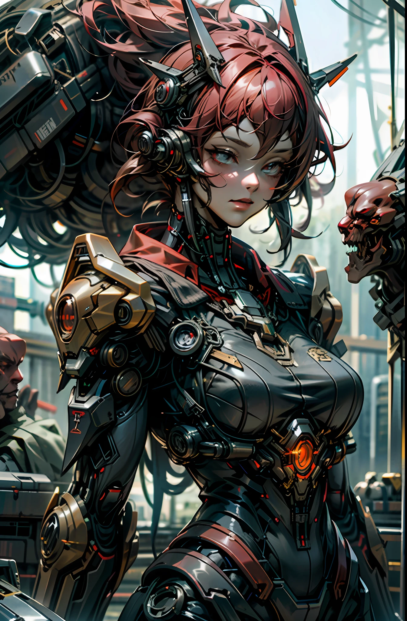 Dark_Fantasy,Cyberpunk,(chain saw,chain saw man,Red:1.1),1girl,Mechanical marvel,Robotic presence,Cybernetic guardian,