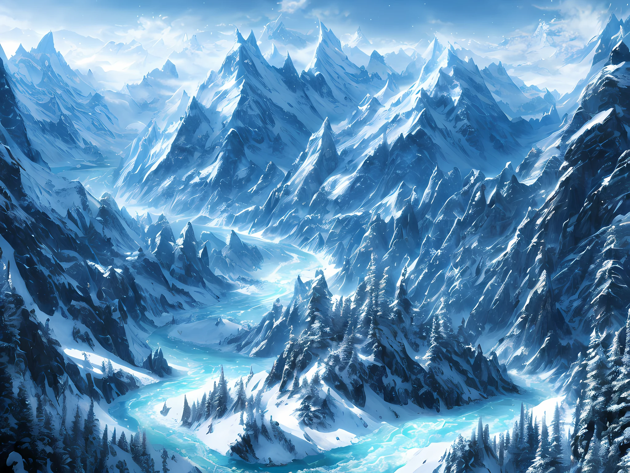 This paragraph describes a digital painting depicting an otherworldly, surreal and magnificent scene. The artwork features a massive mountain and dragon surrounded by intricate details of forests, vegetation and rivers. This is a high-quality, 8K resolution digital art masterpiece, which creates a beautiful movie background with a magical atmosphere through unique lighting effects. The sky is decorated with snow and stars, while dragons soar above. The work belongs to the ice punk style, with dragons and mountains as the theme, creating a cold winter visual style.