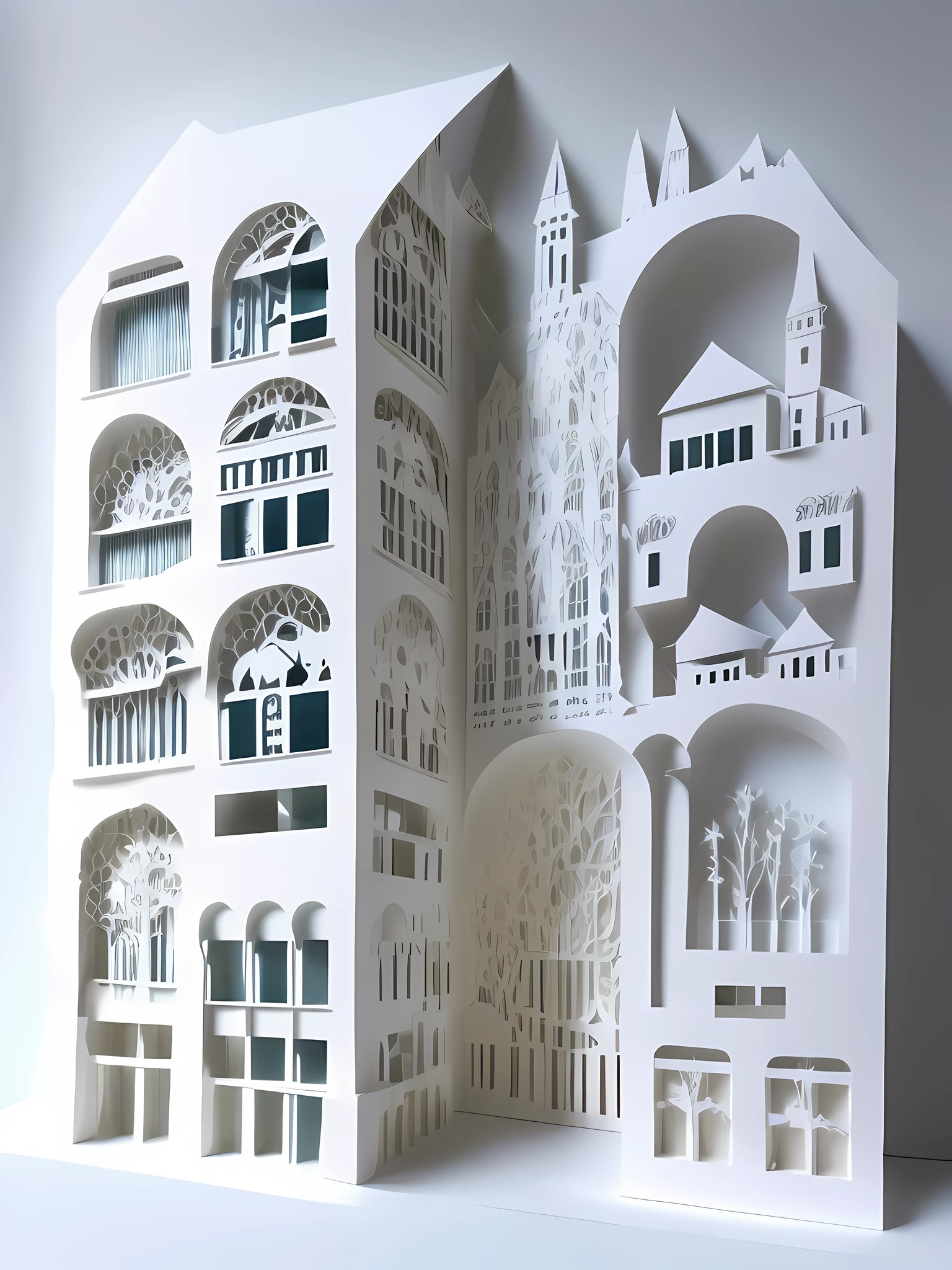 City architecture, street view, traffic, river, front view layer, 3D paper cutting, minimalist composition, white background, 3D stereoscopic, HD rendering.