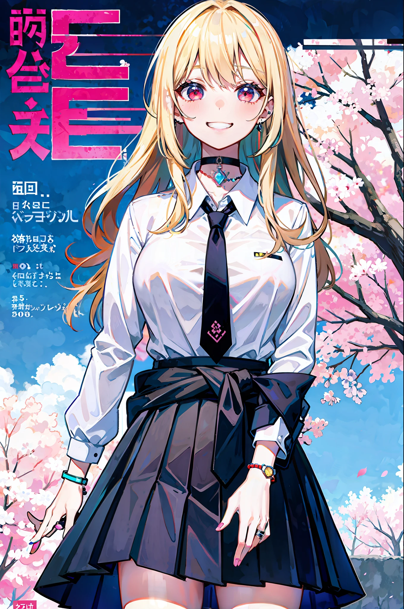 masterpiece, best quality, full body, 1girl, bangs, black choker, black necktie, blonde hair, blue skirt, blush, bracelet, breasts, choker, clothes around waist, collarbone, collared shirt, cowboy shot, dress shirt, ear piercing, eyebrows visible through hair, gradient hair, grin, gyaru, jewelry, kogal, long hair, looking at viewer, loose necktie, necktie, piercing, plaid, plaid skirt, pleated skirt, red eyes, ring, school uniform, shirt, skirt, smile, solo, white shirt, street, sky, cherry blossoms, petals,illustration, (magazine:1.3), (cover-style:1.3), fashionable, woman, vibrant, outfit, posing, front, colorful, dynamic, background, elements, confident, expression, holding, statement, accessory, majestic, coiled, around, touch, scene, text, cover, bold, attention-grabbing, title, stylish, font, catchy, headline, larger, striking, modern, trendy, focus, fashion,