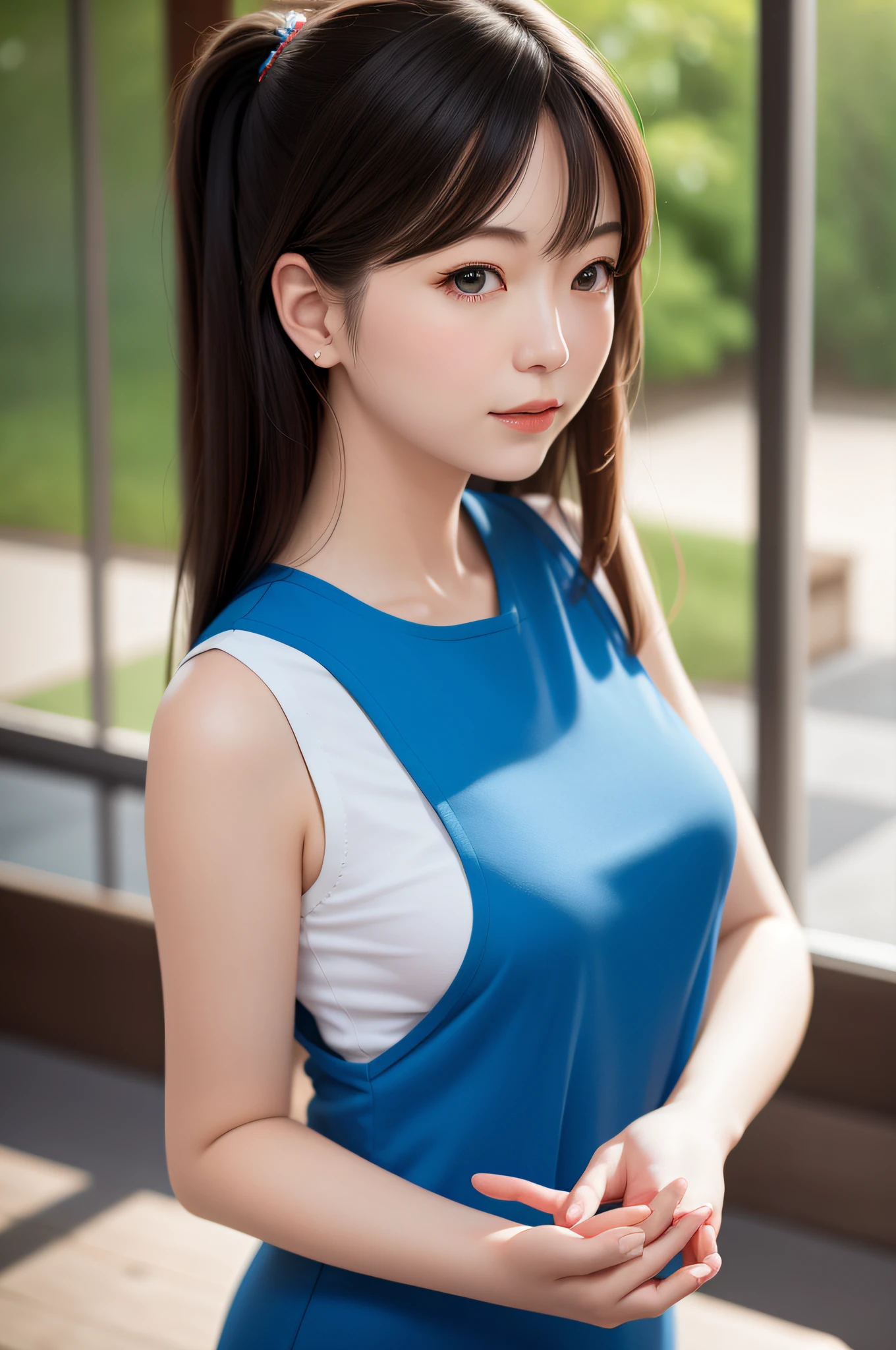 woman,japanese,blue shirt,sleeveless,realistic details, high resolution,bokeh,outstanding details