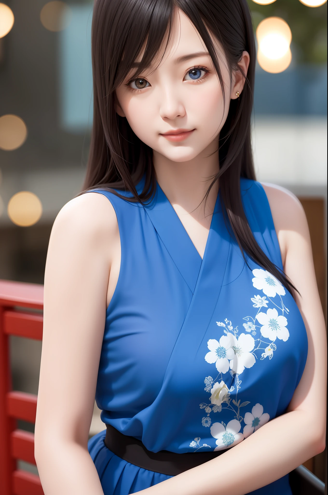 woman,japanese,blue shirt,sleeveless,realistic details, high resolution,bokeh,outstanding details