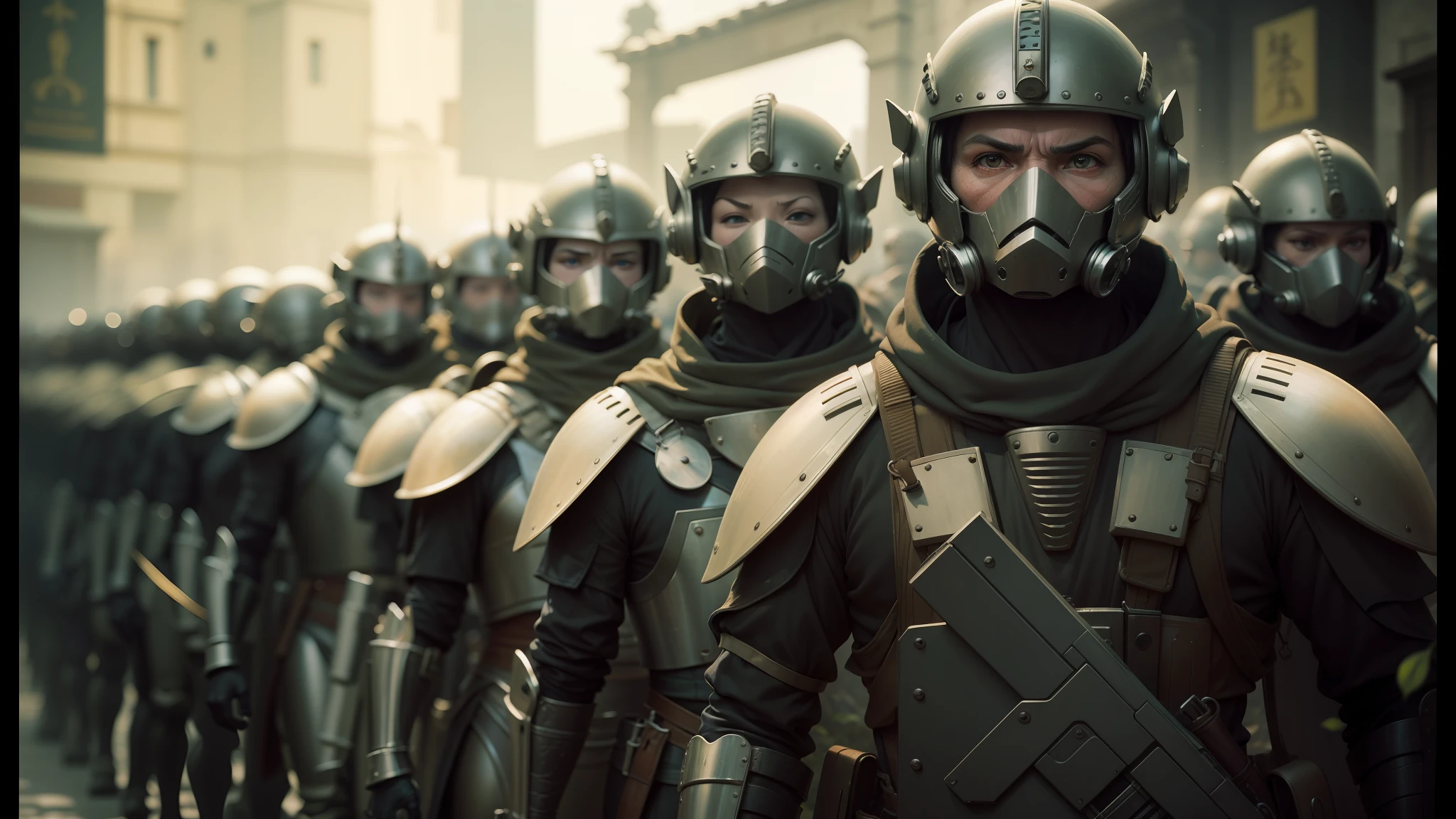 there are many people dressed in armor and helmets walking together, cute decapodiformes, the clangers, 8k detail, beaks, & they all look terrified, trench crusade, zoomorphic, from three kingdoms, still from alita, italian garb the future, stuff of nightmares, ceremonial, screengrab, artist rendition, guards, mousefolk --auto --s2