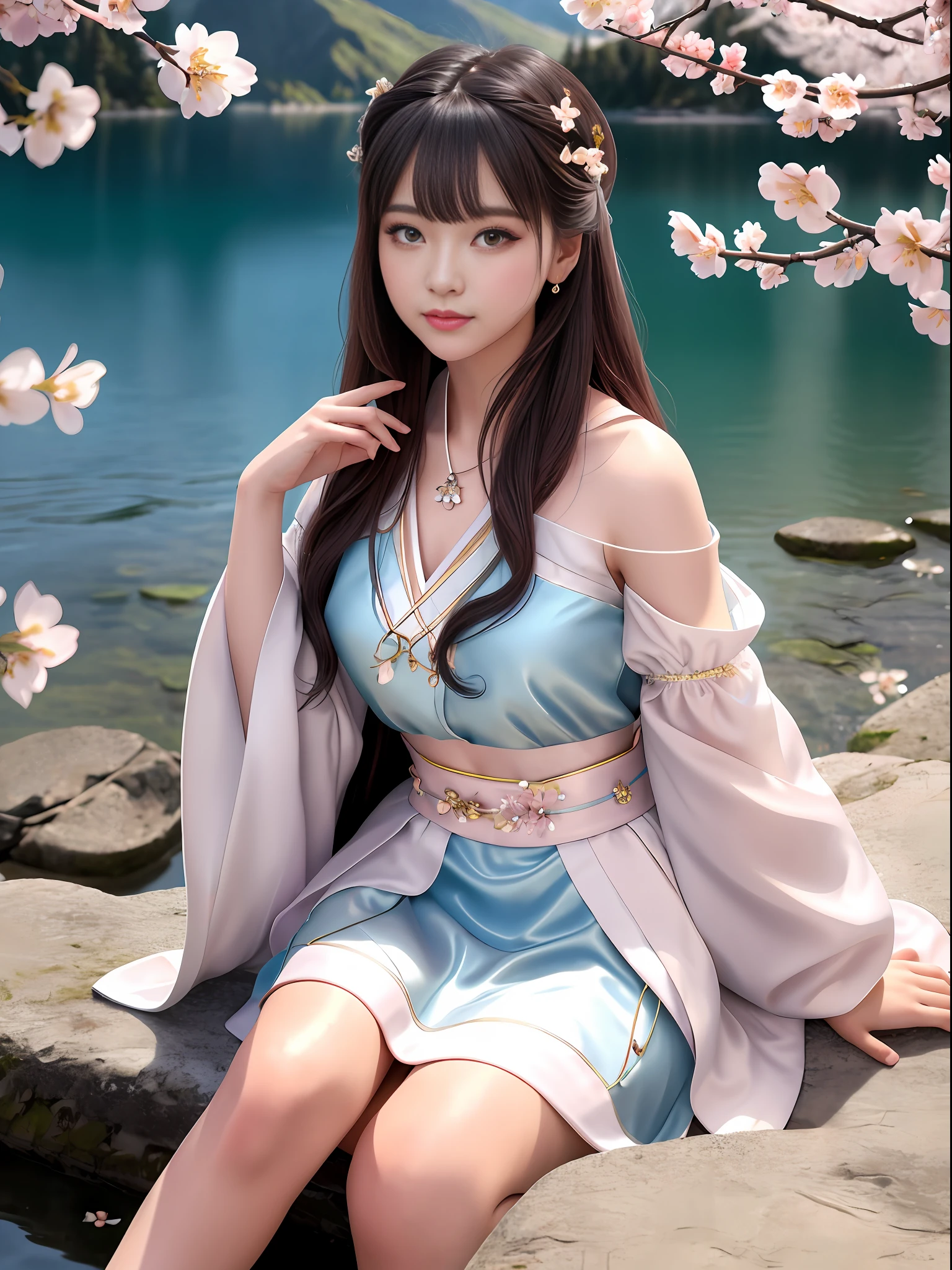 (Best quality: 1.4), Masterpiece, High quality, High resolution, Master work, Photo, 8k, wallpaper, very realistic and realistic, (((a girl))), ((solo)), is sitting on a stone,  slim body, exudes oriental charm, looking at the audience, (blush), star pupils, (realistic face), smile, (high detail face), bright big eyes, delicate eyelashes, beautiful face, beautiful and delicate face, (realistic skin), soft light, (hanfu), bandeau, Leaky shoulders, long sleeves, (long hair), (bangs), (hair accessories), jewelry, necklaces, jewelry, ((mountain), (lake), (cherry blossoms)), high detail background, 8k, HDR, DSLR, high quality, voyeur, photo, high resolution, 4k