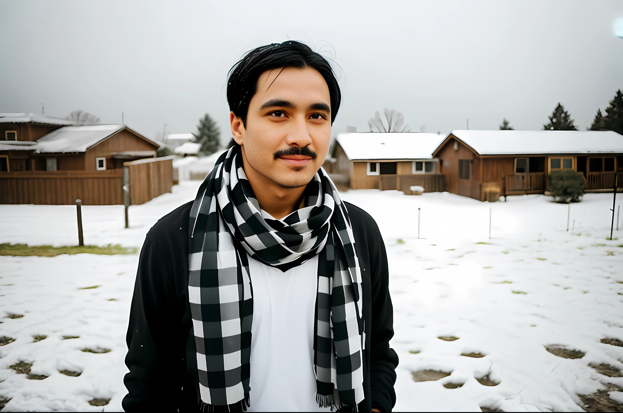 A man with black hair, black clothes, black scarf, black hoodie and black and white background, (1girl:0.872), (black hair:0.758), (blurry:0.926), (blurry background:0.703) , (brown eyes: 0.562), (Depth of Field: 0.625), (Long Hair: 0.855), (Outdoor: 0.541), (Scarf: 0.989), (Snow: 0.925), (Single: 0.886), (Upper Body: 0.683)