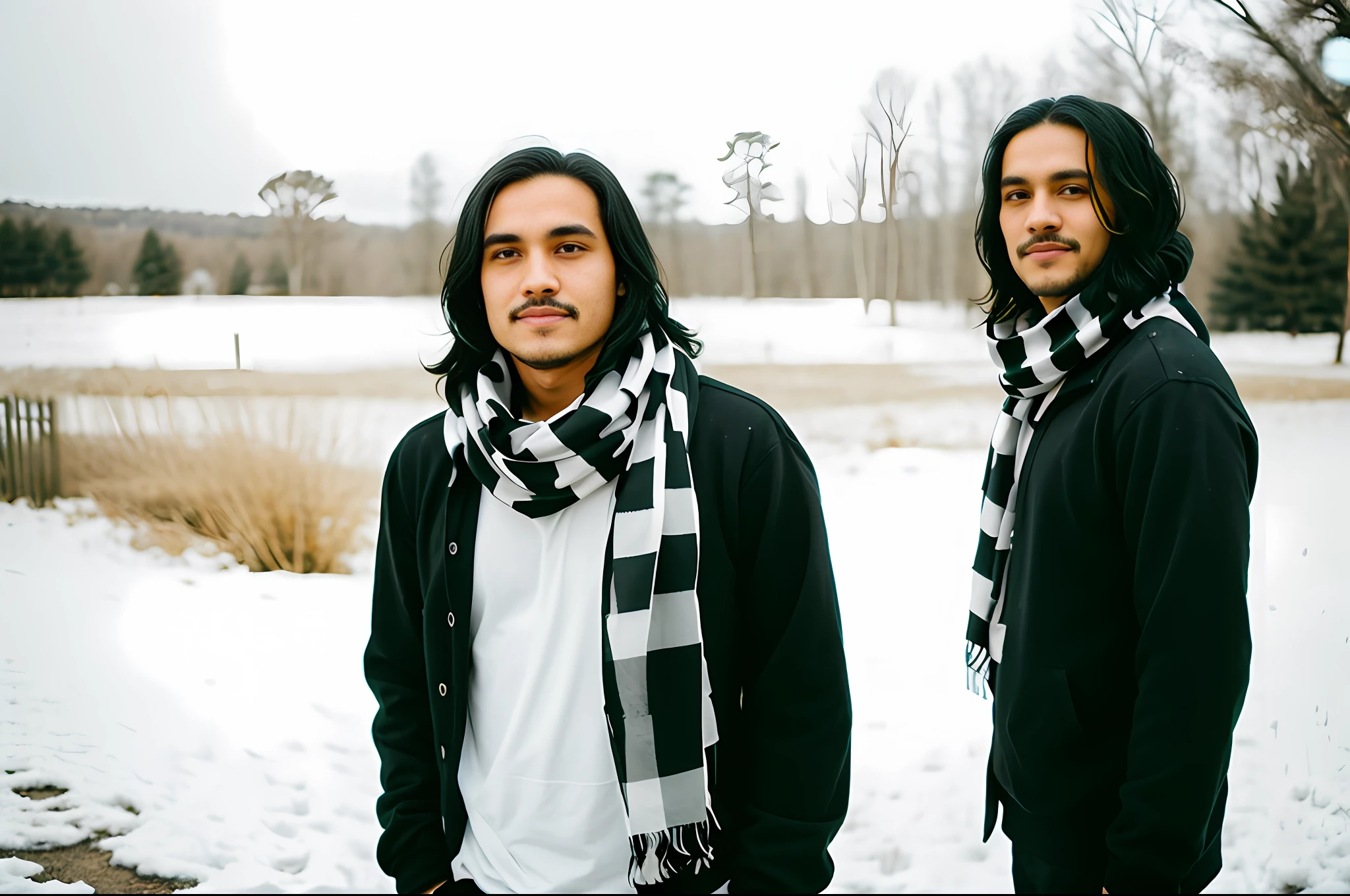 A man with black hair, black clothes, black scarf, black hoodie and black and white background, (1girl:0.872), (black hair:0.758), (blurry:0.926), (blurry background:0.703) , (brown eyes: 0.562), (Depth of Field: 0.625), (Long Hair: 0.855), (Outdoor: 0.541), (Scarf: 0.989), (Snow: 0.925), (Single: 0.886), (Upper Body: 0.683)